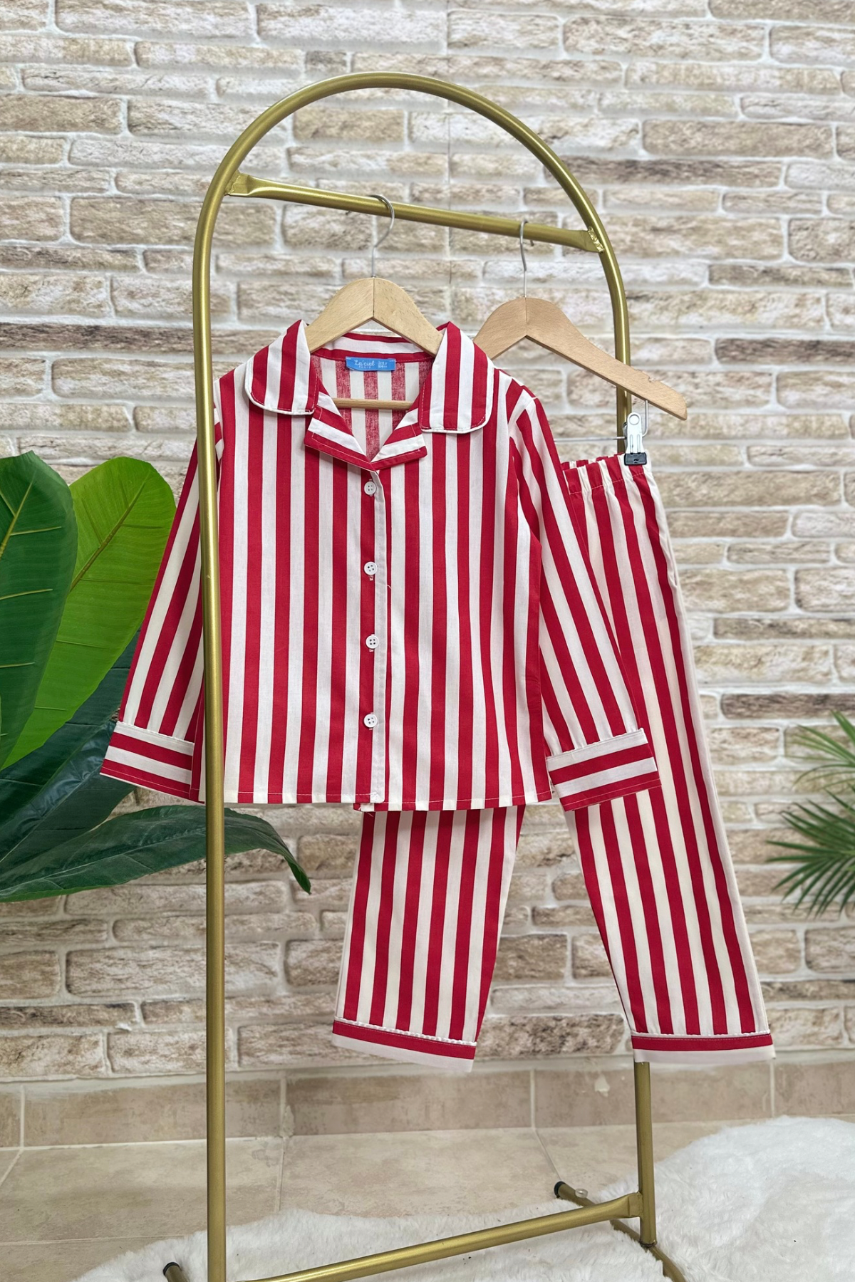 Unisex Kırmızı Çizgili Çantalı Pijama Takım