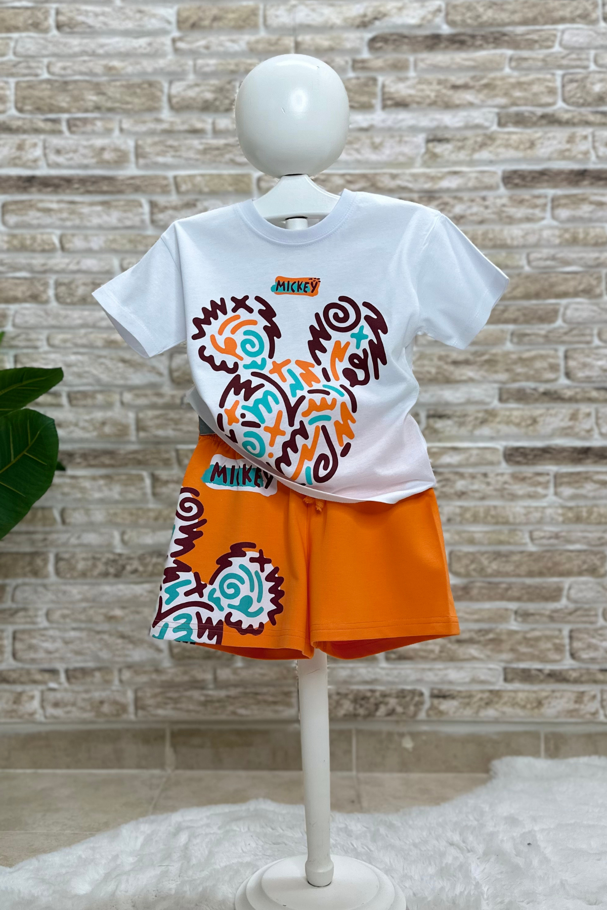 Unisex Mickey Oranj Şort Takım