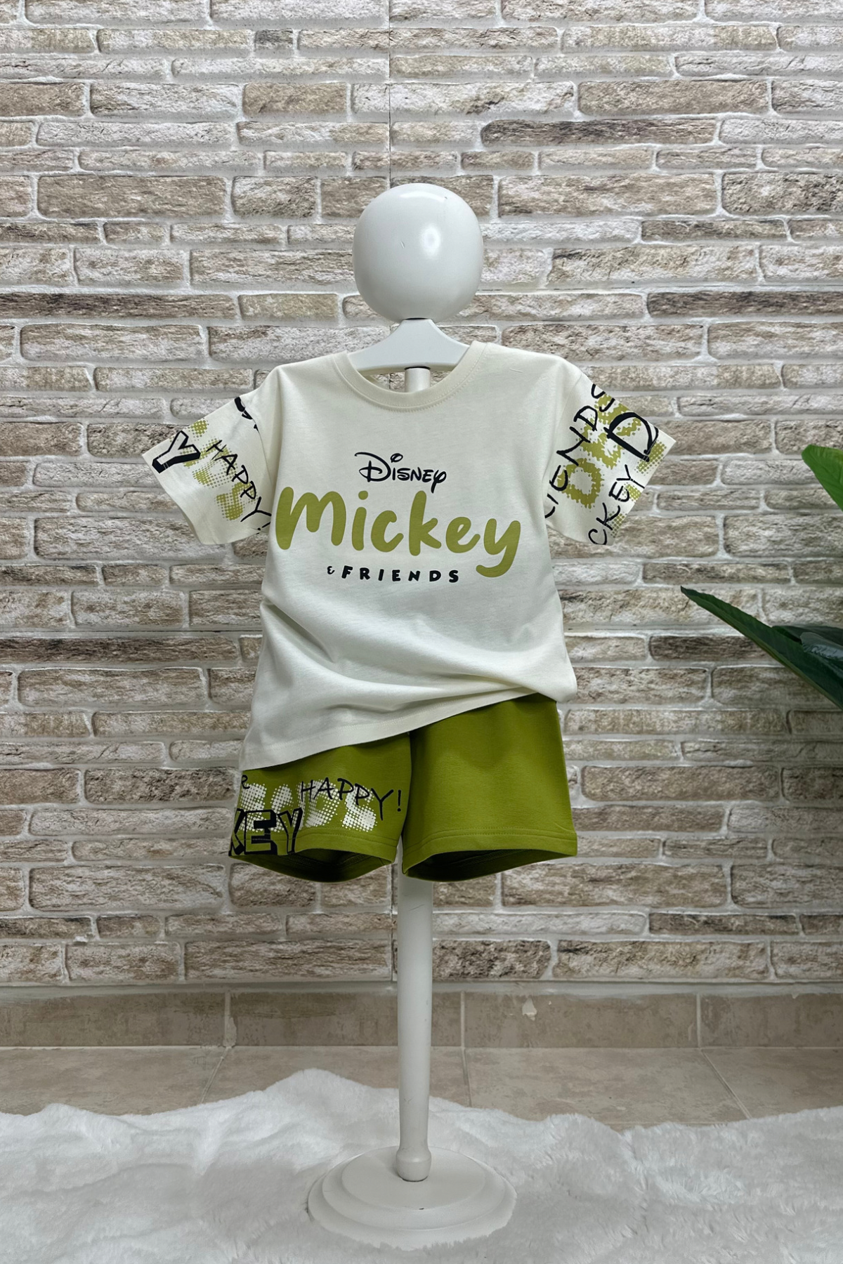 Unisex Mickey Yağ Yeşili Şort Takım