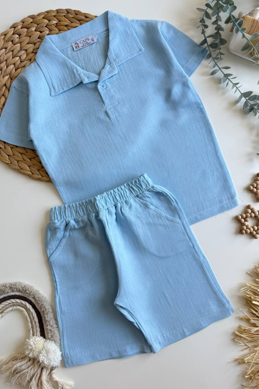Unisex Müslin Mavi Şortlu Takım