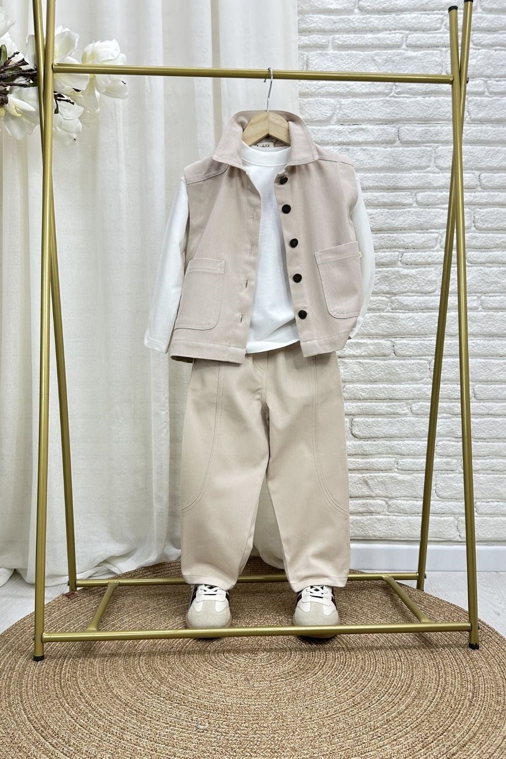 Unisex Özel Seri Yelek Jean Gabardin Bej Takım