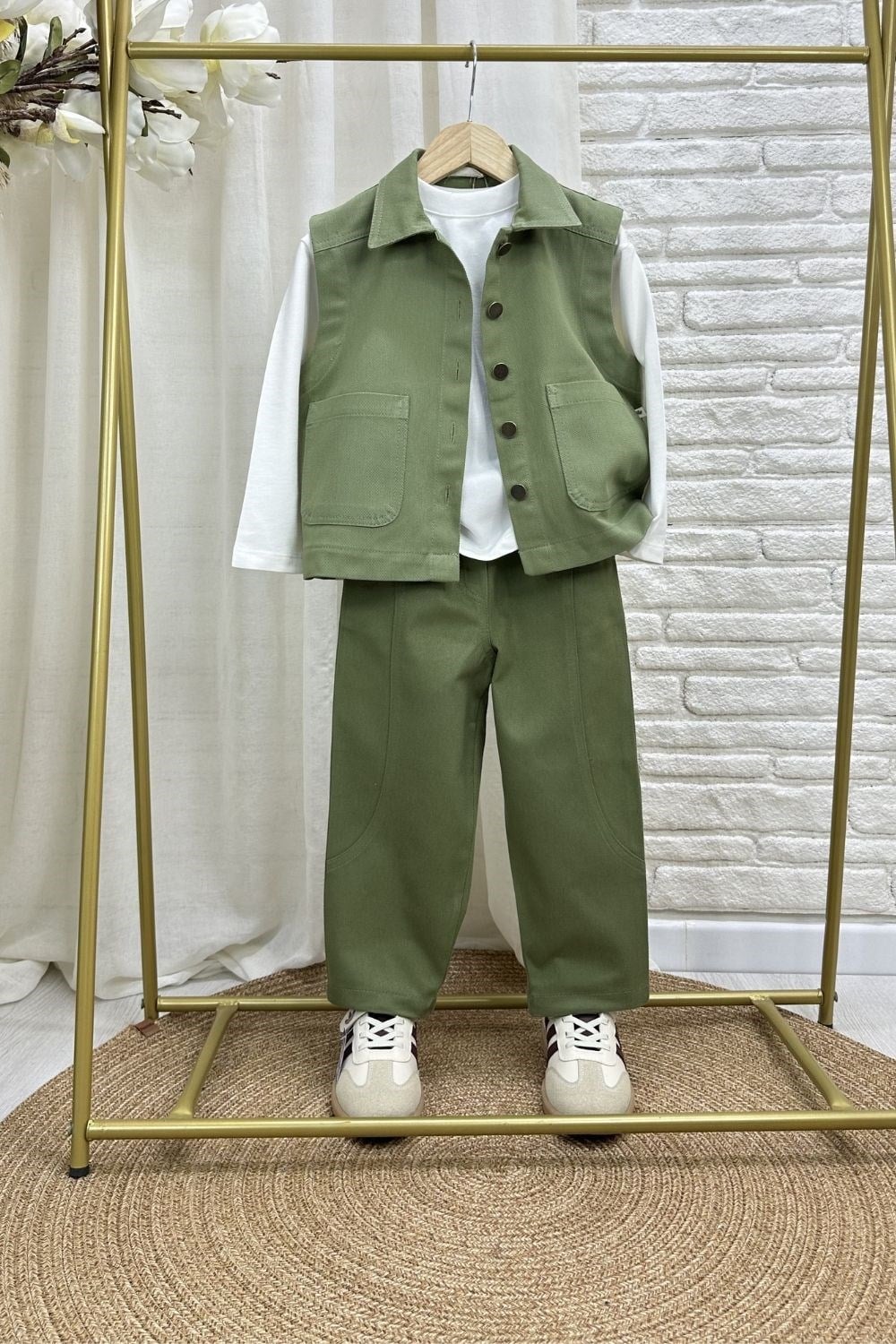 Unisex Özel Seri Yelek Jean Gabardin Haki Takım