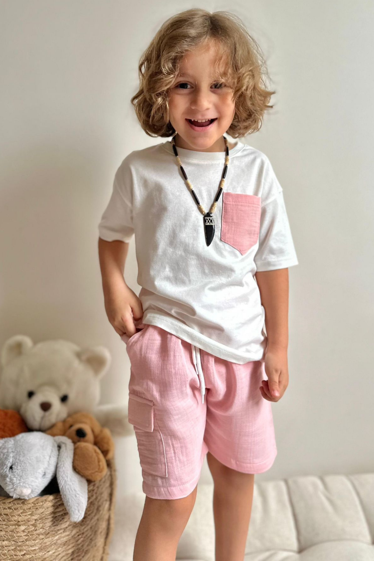 Unisex Pembe Müslin Şort Takım