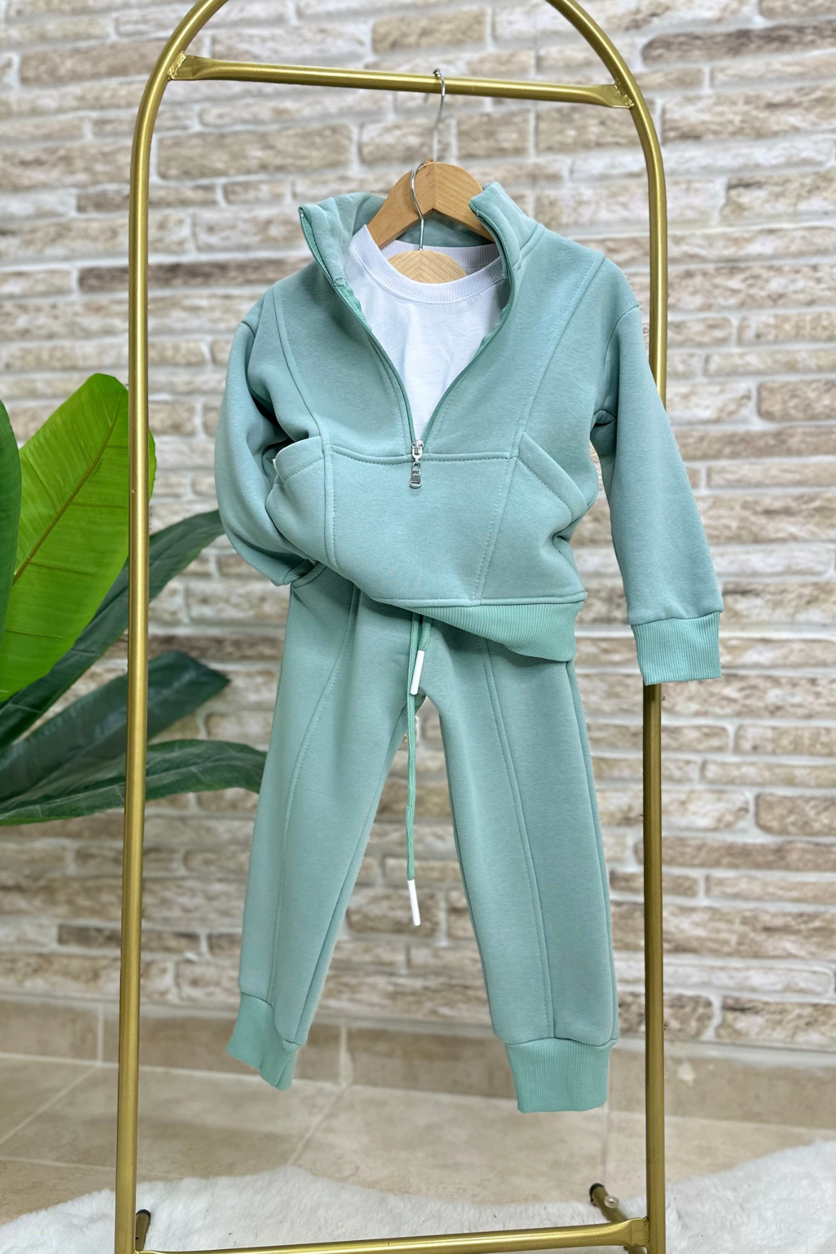 Unisex Şardonlu Fermuarlı Dik Yaka Yeşil Takım