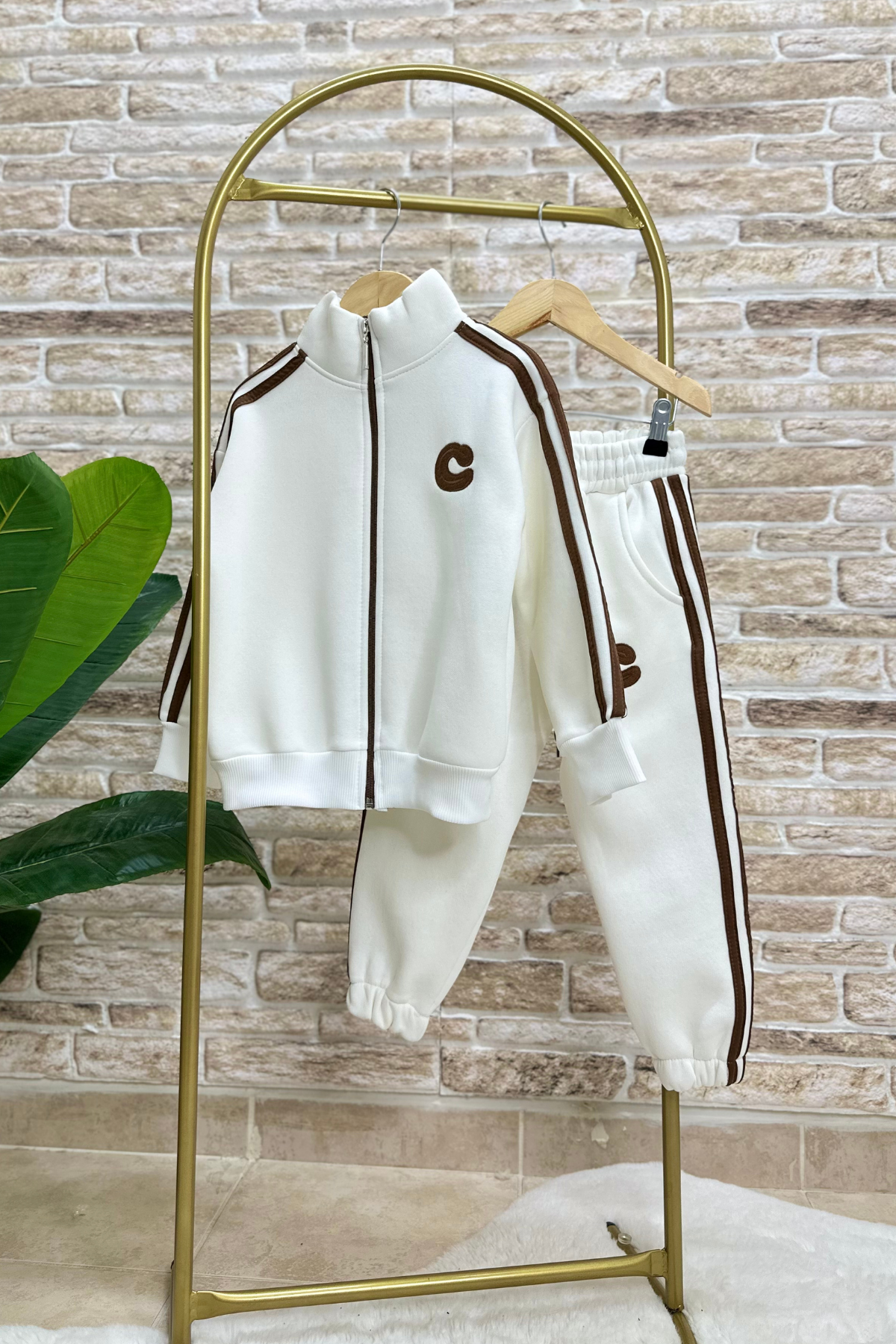 Unisex Şardonlu Fermuarlı Kahve Şeritli Takım