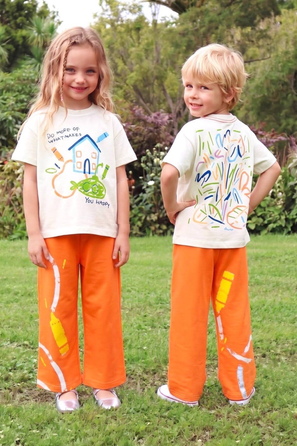 Unisex Tshirtlü Çizimli Oranj İkili Takım