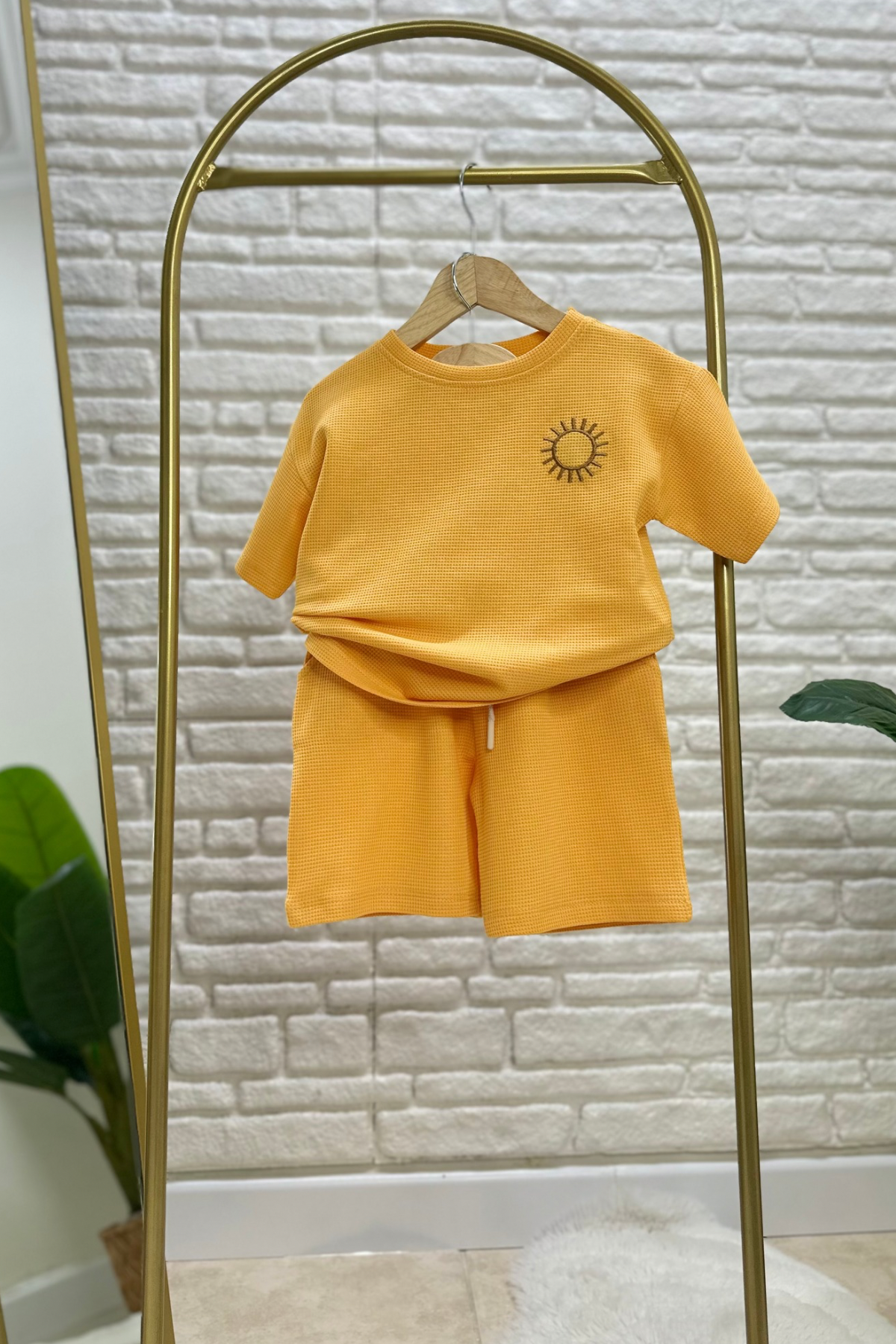 Unisex Waffle Kumaş Hardal Şortlu Yaz Takım