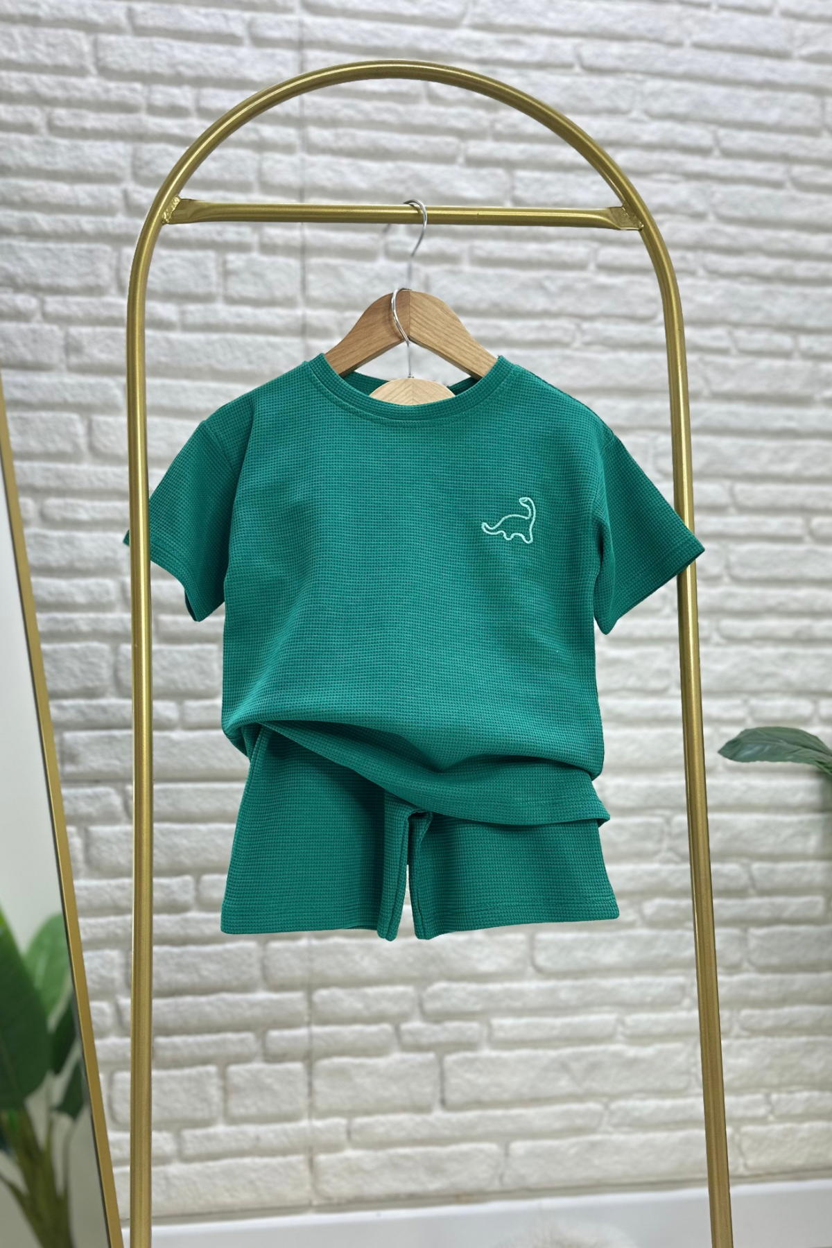 Unisex Waffle Kumaş Zümrüt Şortlu Yaz Takım