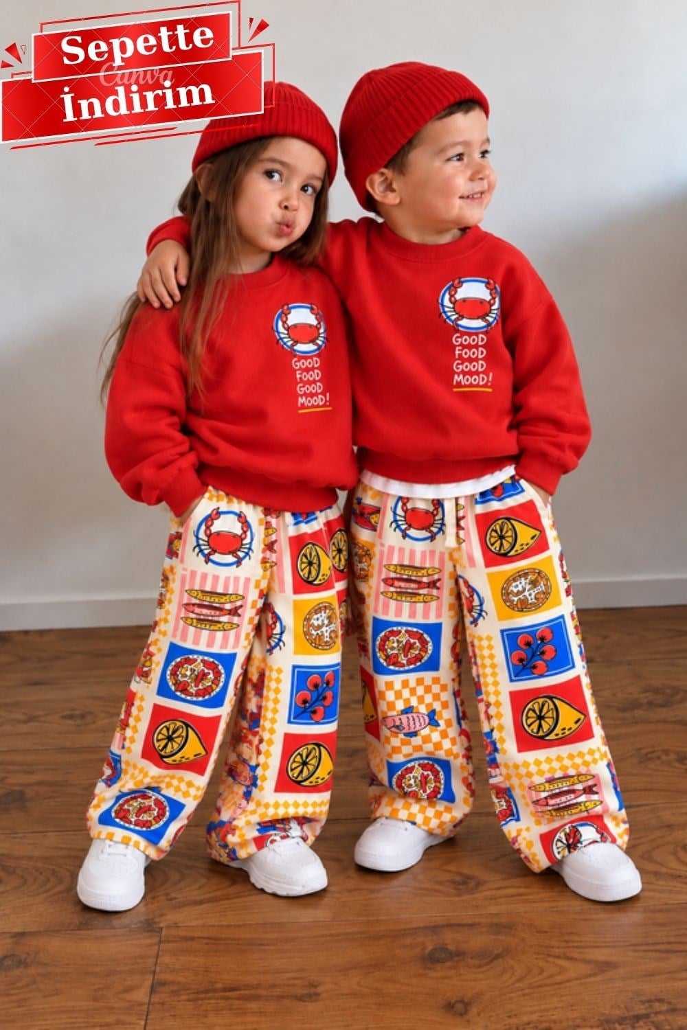 Unisex Yengeç Baskı 3 İplik Takım