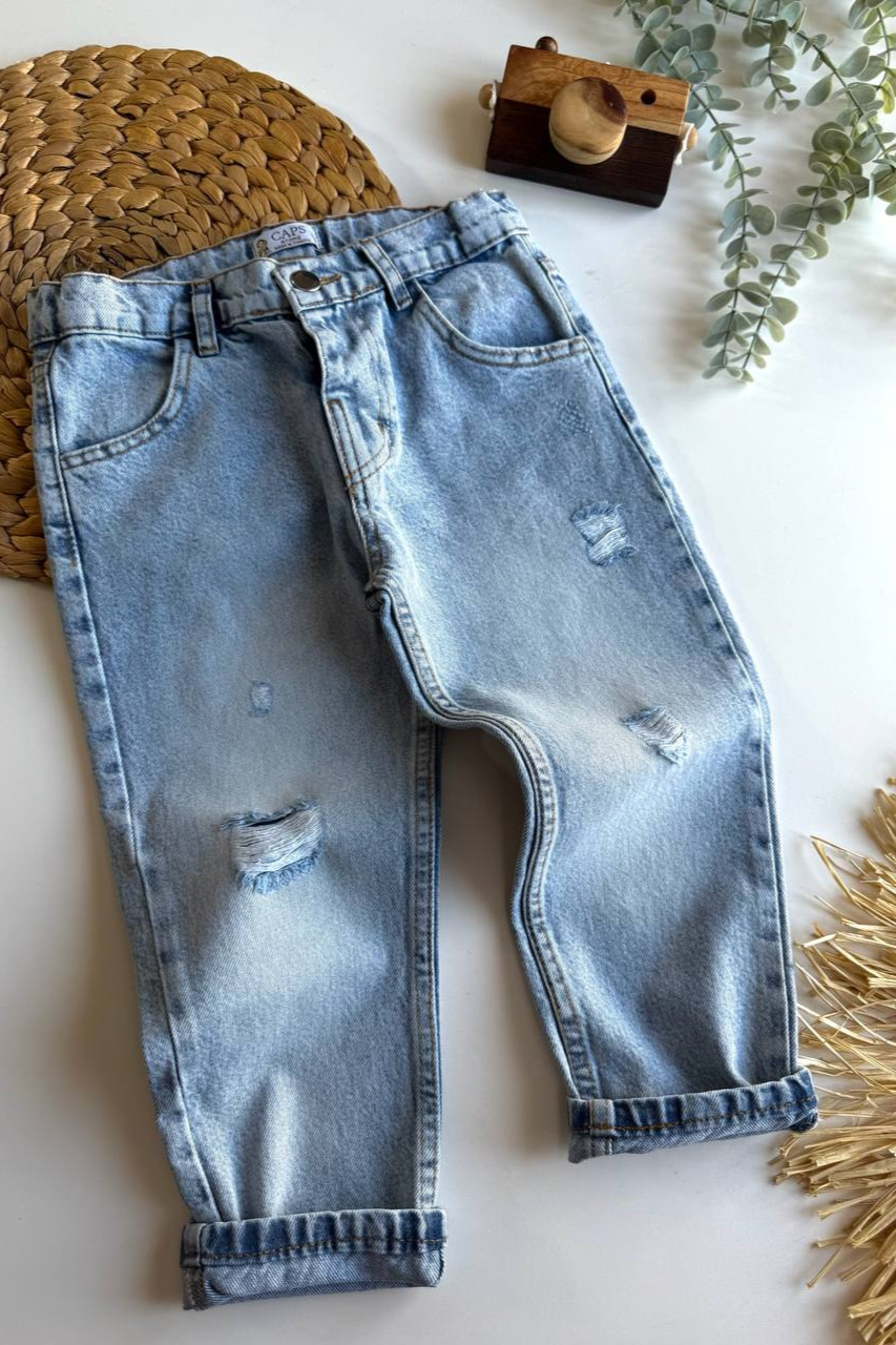 Unisex Yırtık Detaylı Buz Mavi Jean Pantolon