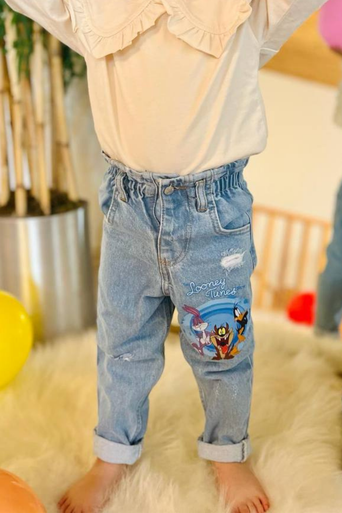 Unisex Yüksek Bel Looney Tunes Jean Pantolon
