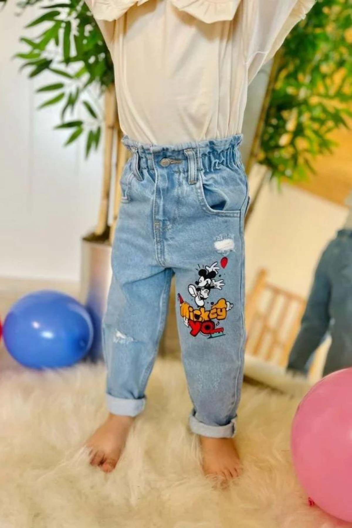 Unisex Yüksek Bel Mickey Yo Jean Pantolon
