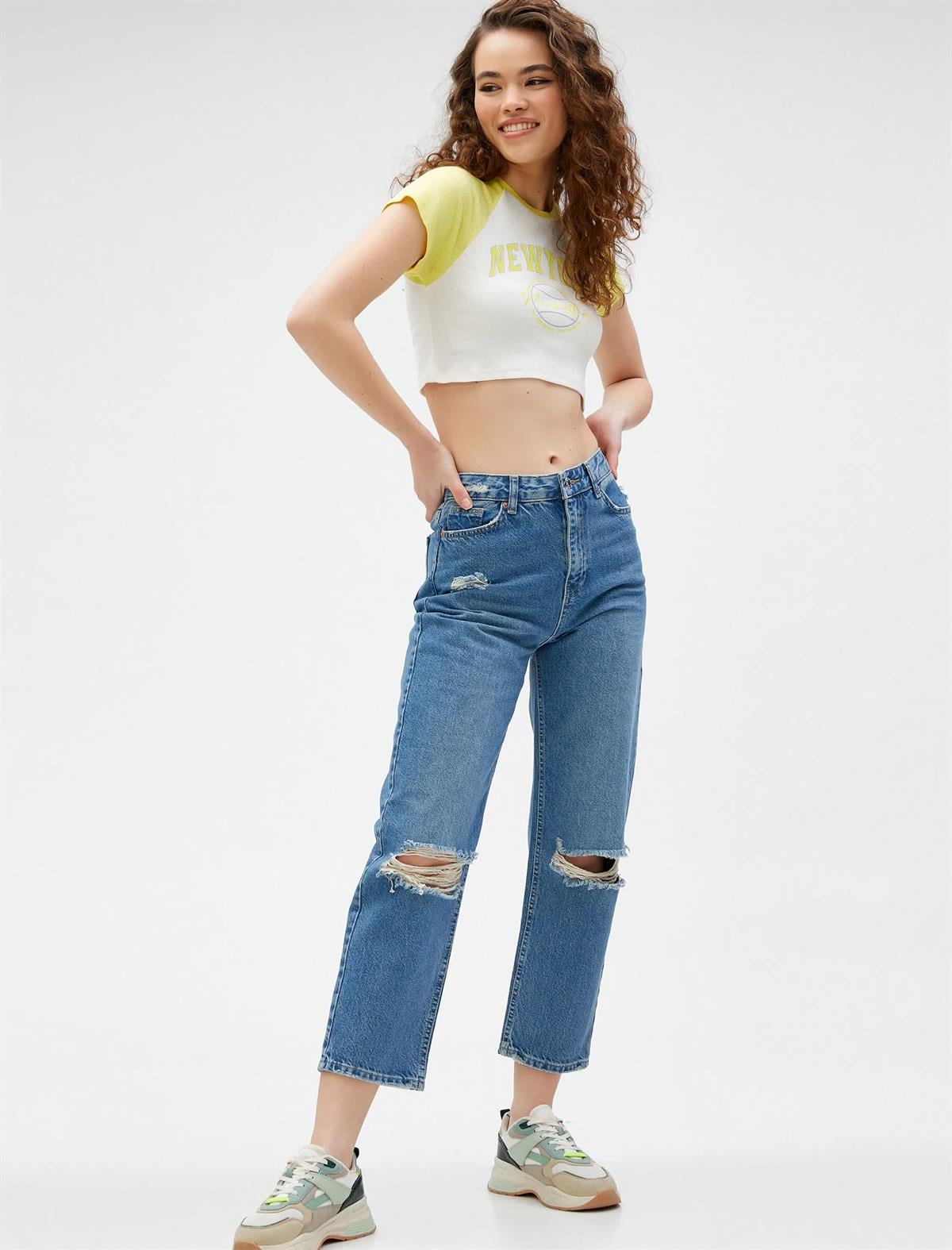 Yüksek Bel Kot Pantolon Yırtık Düz Paça- Eve Jeans