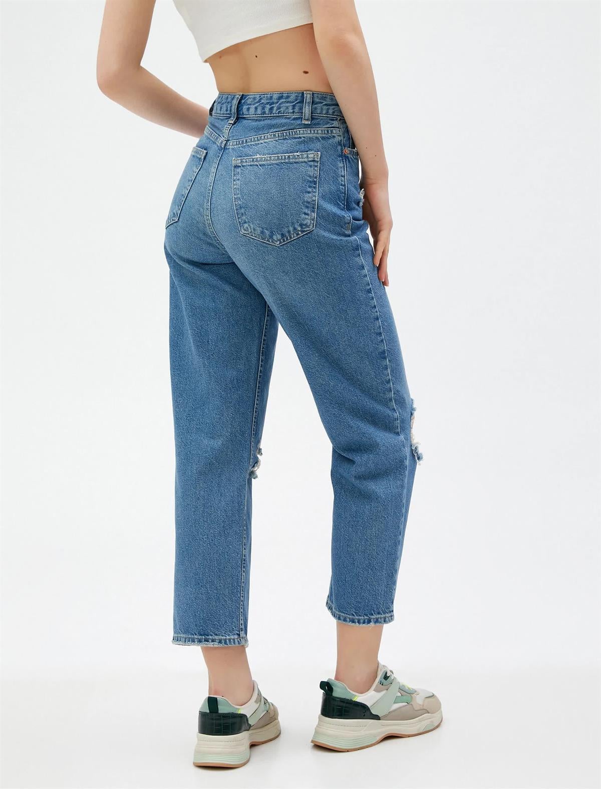 Yüksek Bel Kot Pantolon Yırtık Düz Paça- Eve Jeans