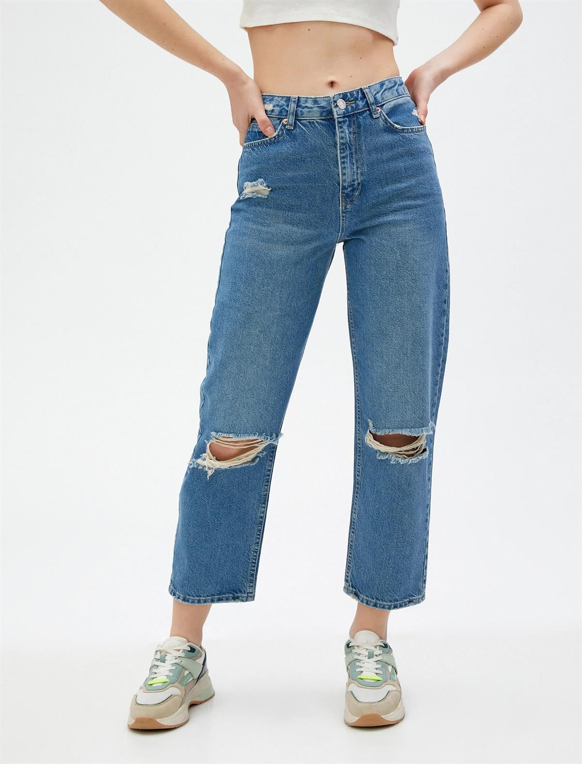 Yüksek Bel Kot Pantolon Yırtık Düz Paça- Eve Jeans
