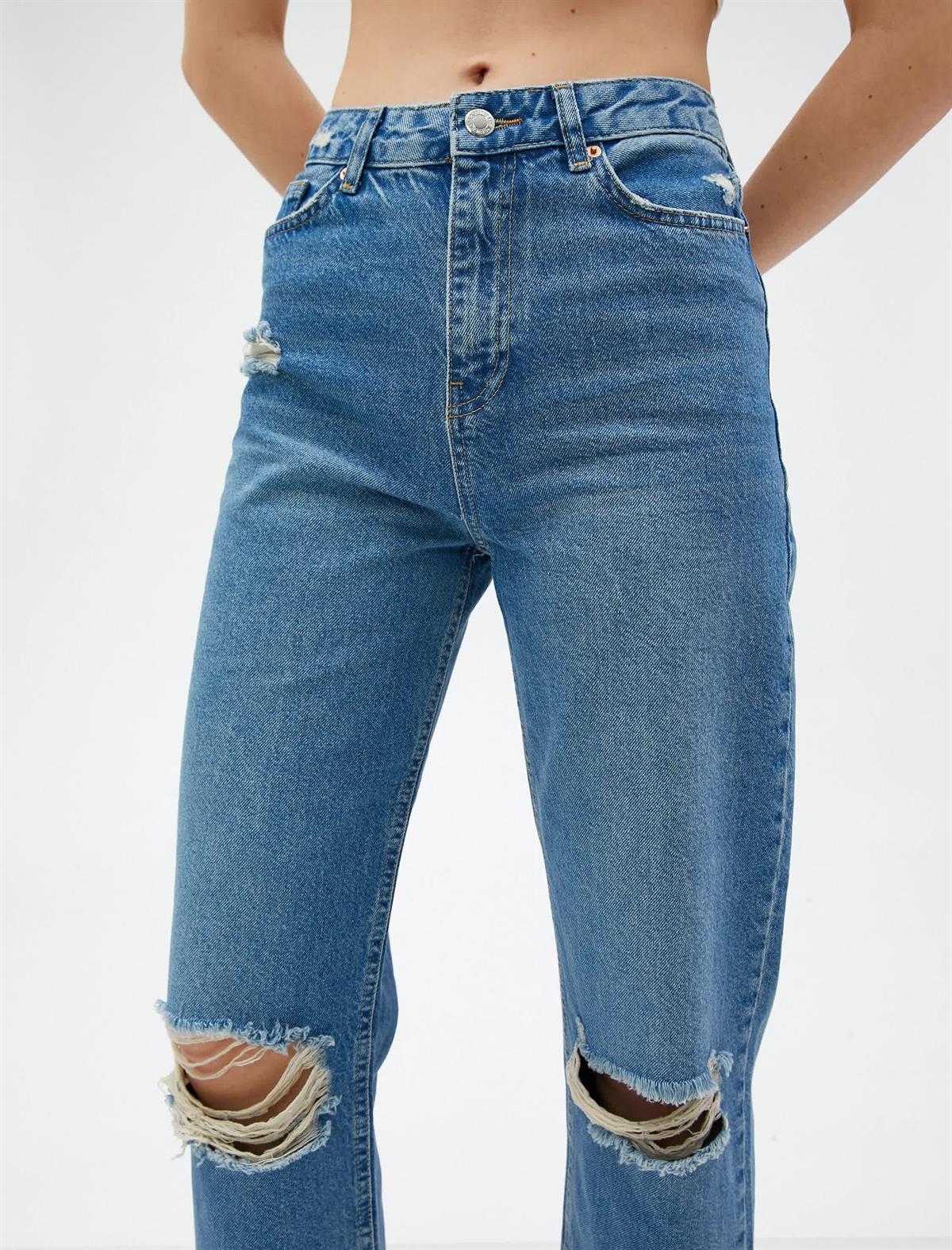 Yüksek Bel Kot Pantolon Yırtık Düz Paça- Eve Jeans