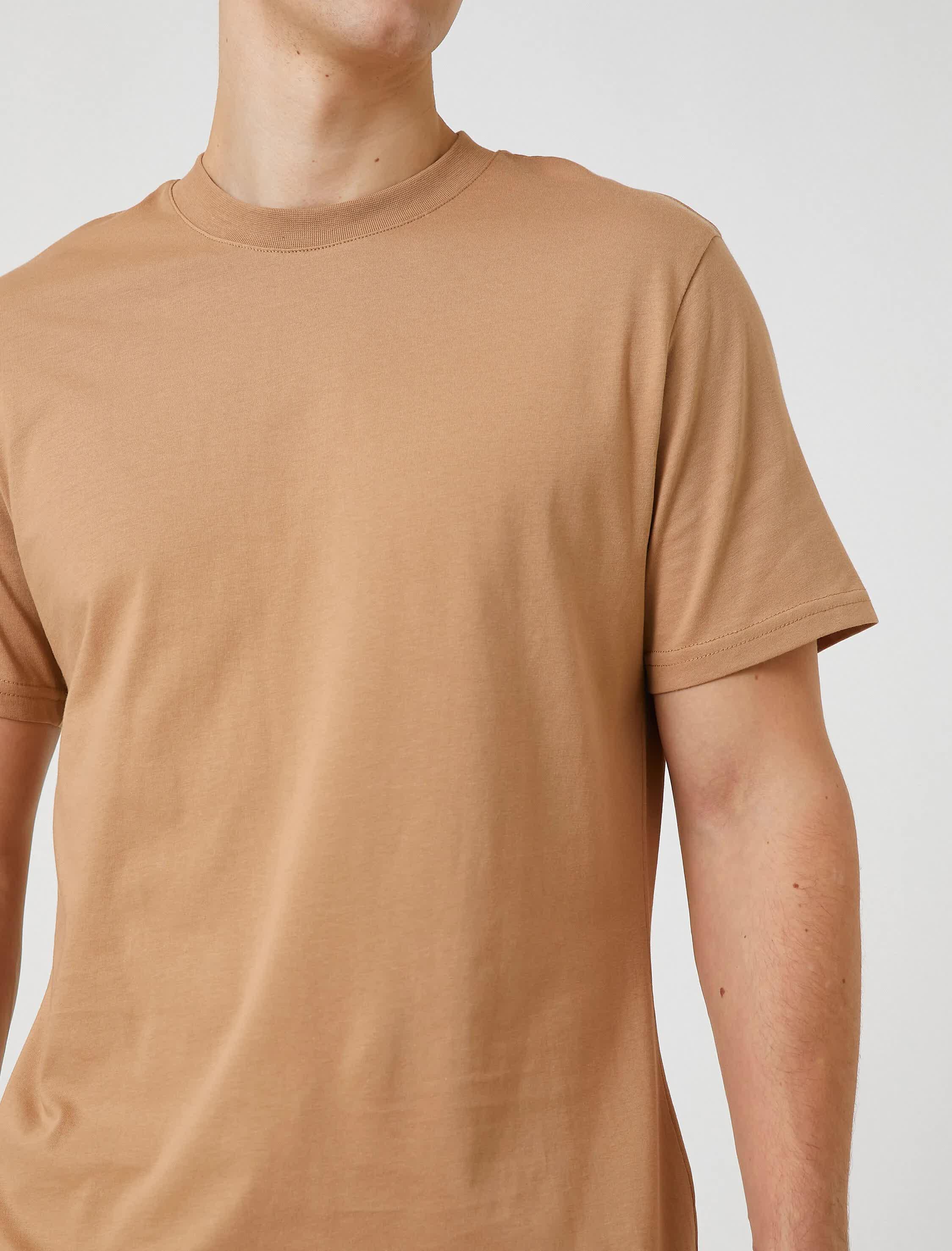 Bej Erkek Basic Tişört Bisiklet Yaka Kısa Kollu