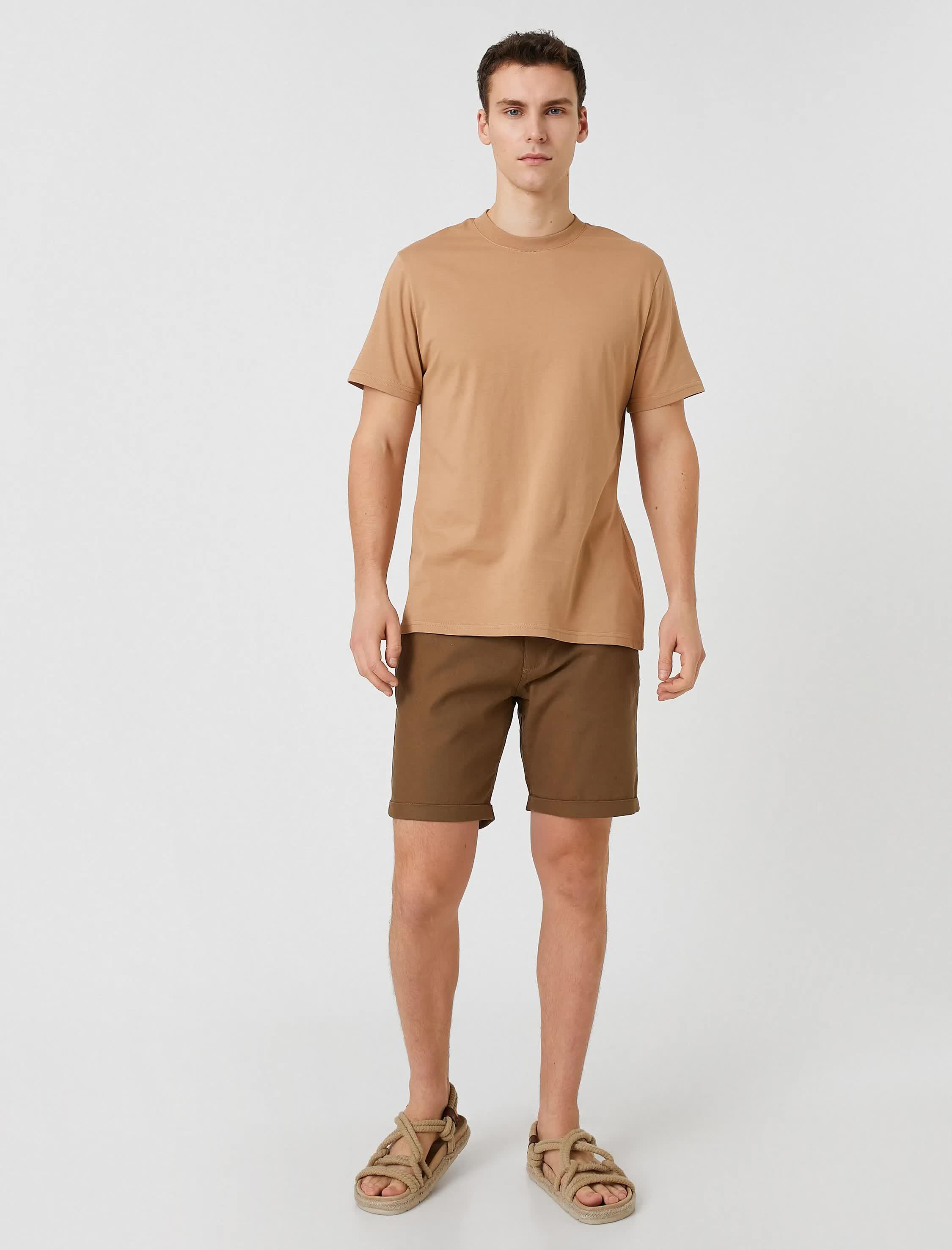 Bej Erkek Basic Tişört Bisiklet Yaka Kısa Kollu