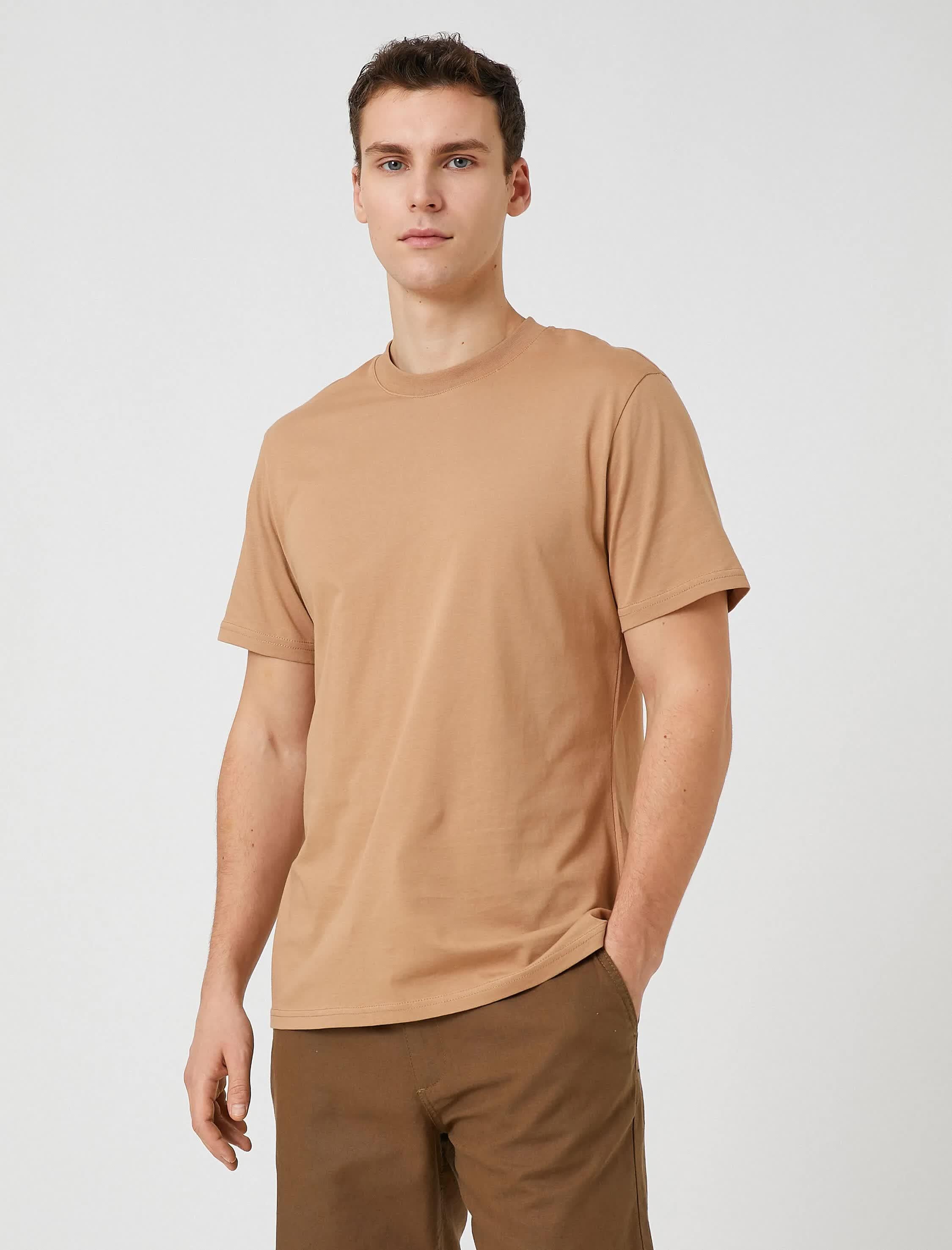 Bej Erkek Basic Tişört Bisiklet Yaka Kısa Kollu