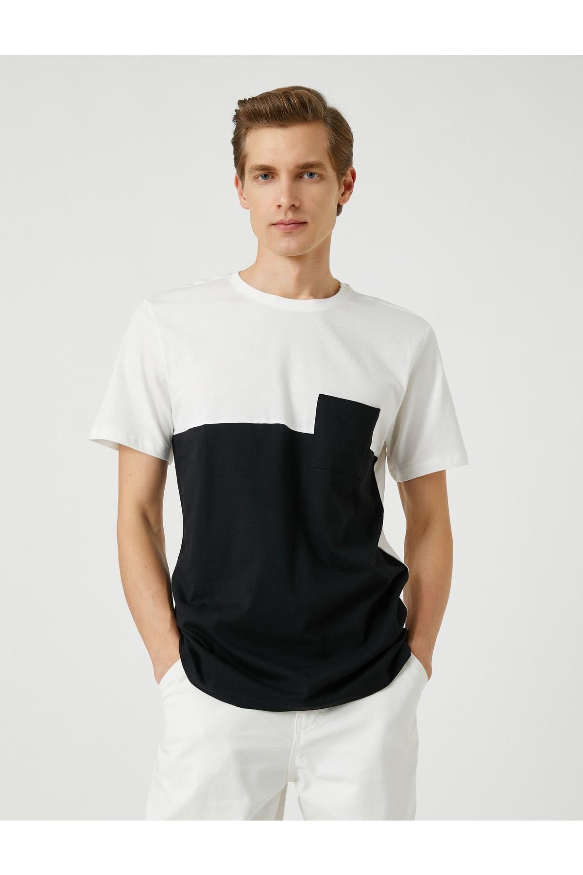 Bisiklet Yaka Tişört Cep Detaylı Renk Bloklu Kısa Kollu Pamuklu
