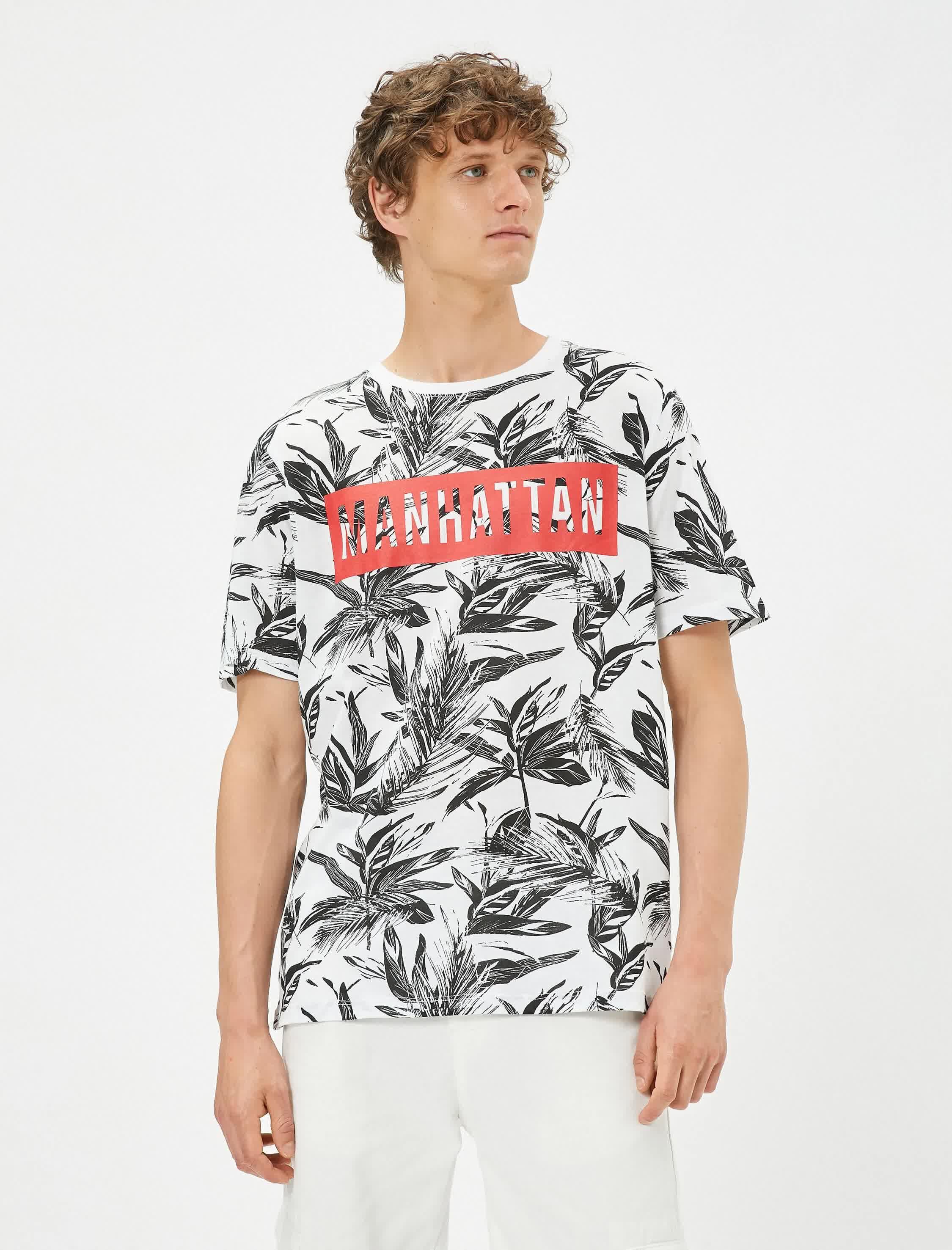 Slogan Baskılı Tişört Yaprak Detaylı Bisiklet Yaka Pamuklu