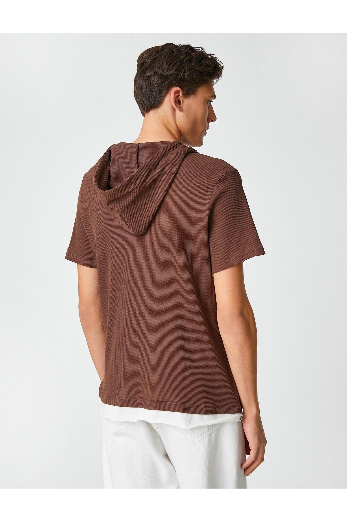Açık Kahverengi Basic Kapşonlu Tişört Kısa Kollu Dokulu Cep Detaylı Pamuklu