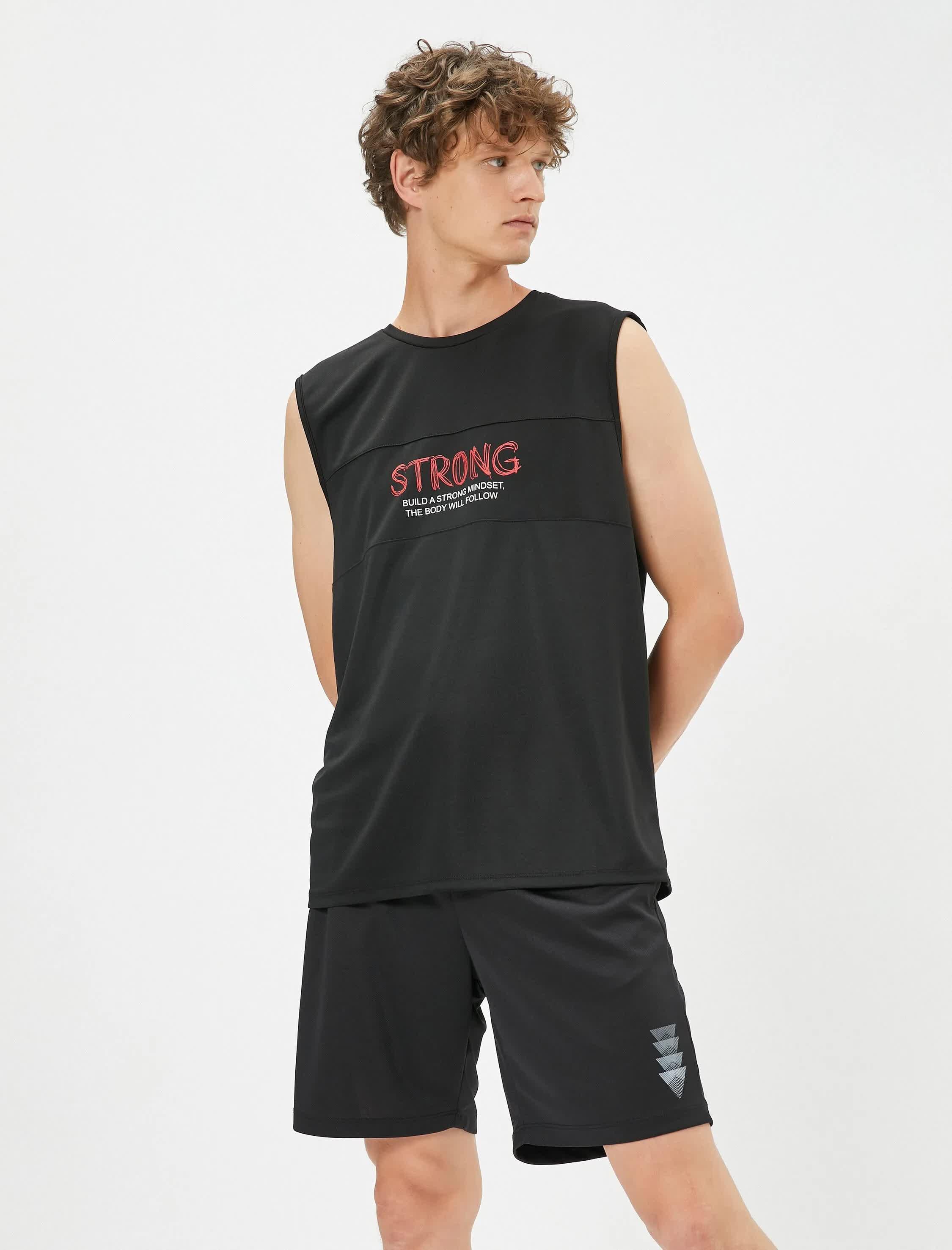 Spor Atlet Slogan Baskılı Dikiş Detaylı