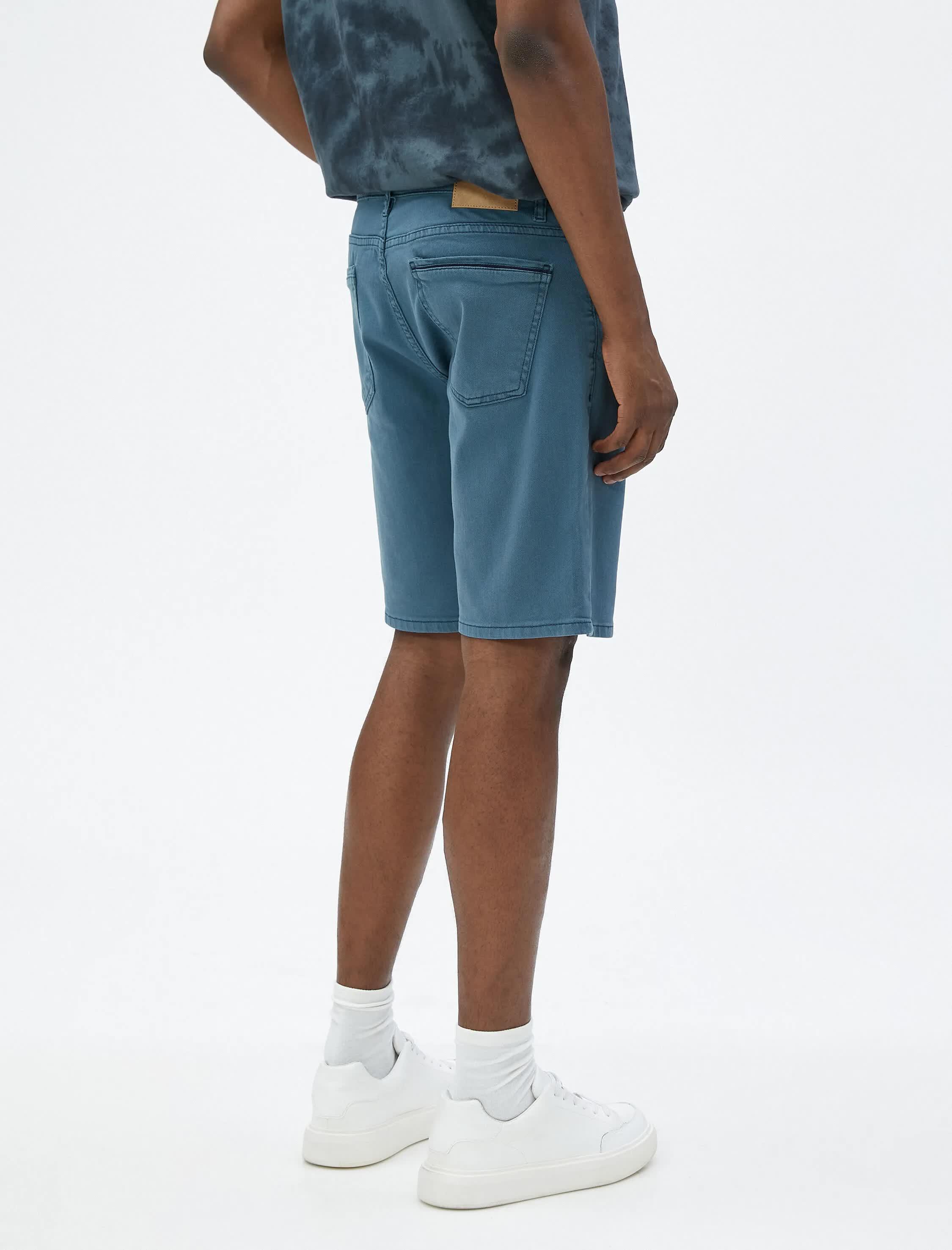 Mavi Gabardin Bermuda Şort Cep Detaylı Düğmeli Pamuklu