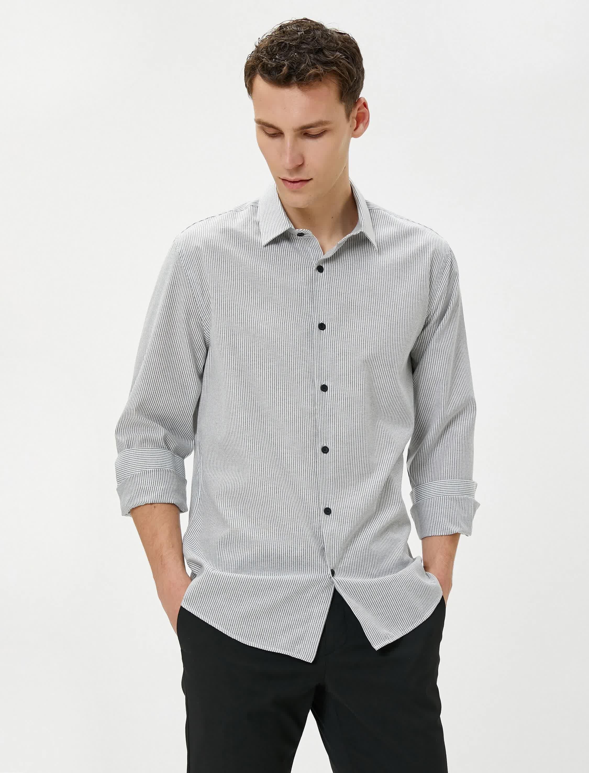 Siyah Spor Gömlek Slim Fit Klasik Yaka Uzun Kollu