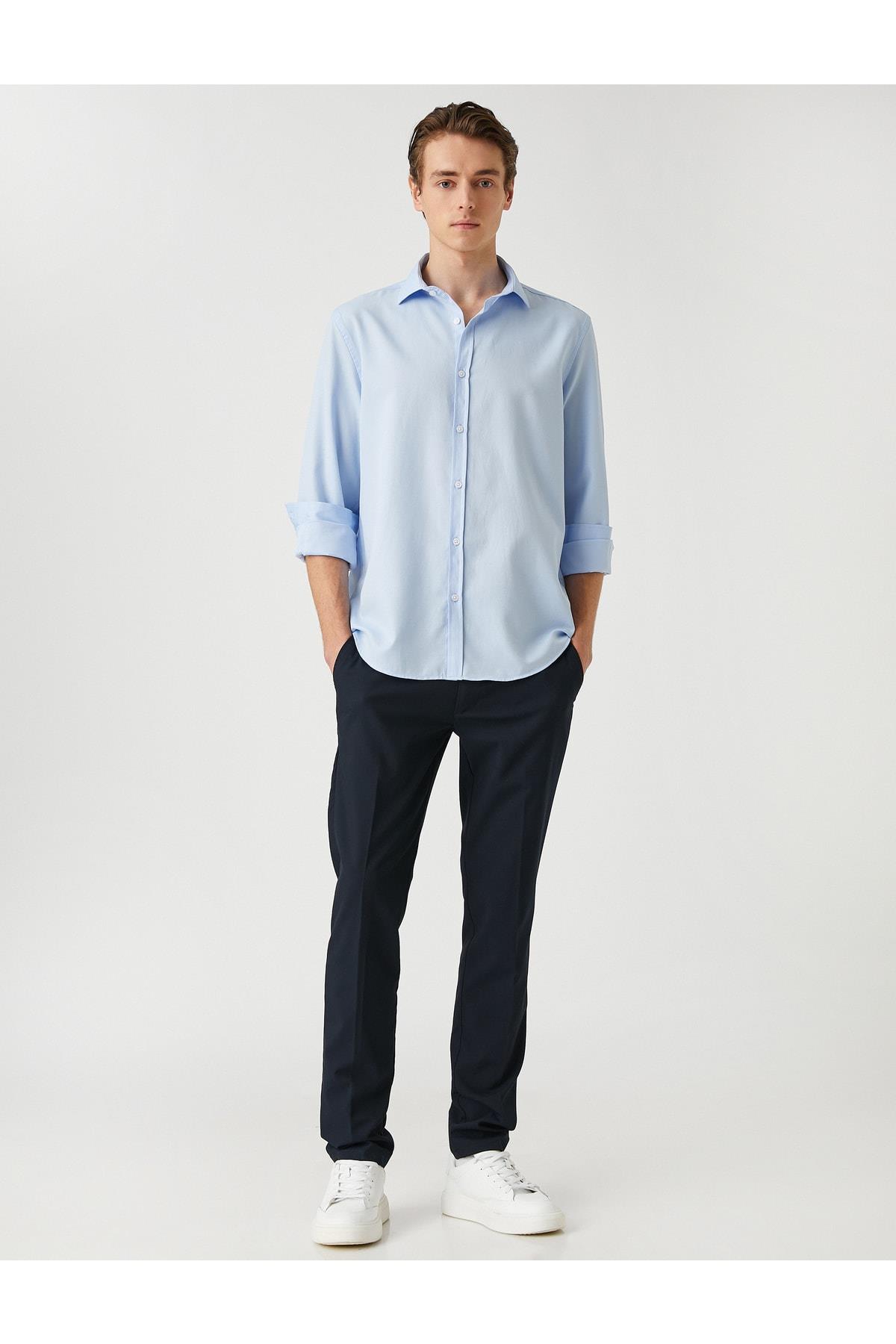 Basic Mavi Gömlek Klasik Manşet Yaka Uzun Kollu Dar Kesim