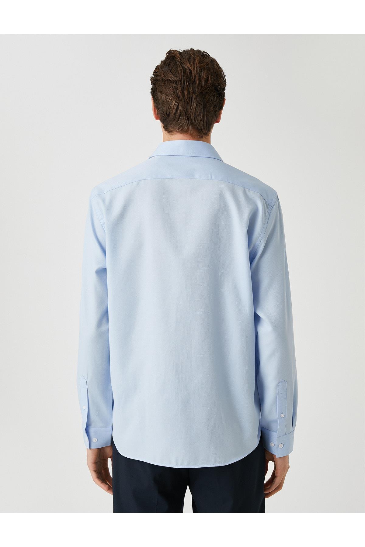 Basic Mavi Gömlek Klasik Manşet Yaka Uzun Kollu Dar Kesim