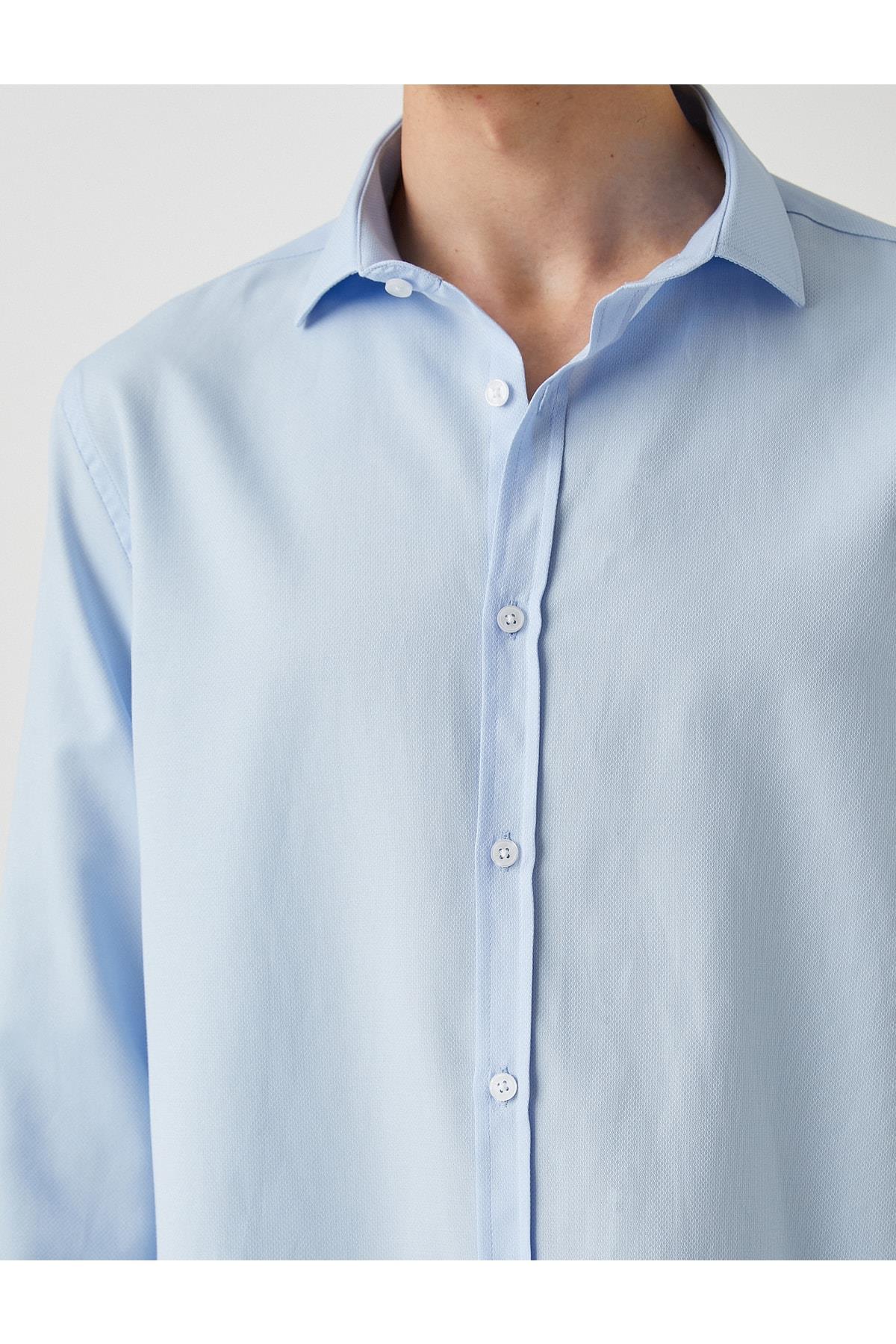 Basic Mavi Gömlek Klasik Manşet Yaka Uzun Kollu Dar Kesim