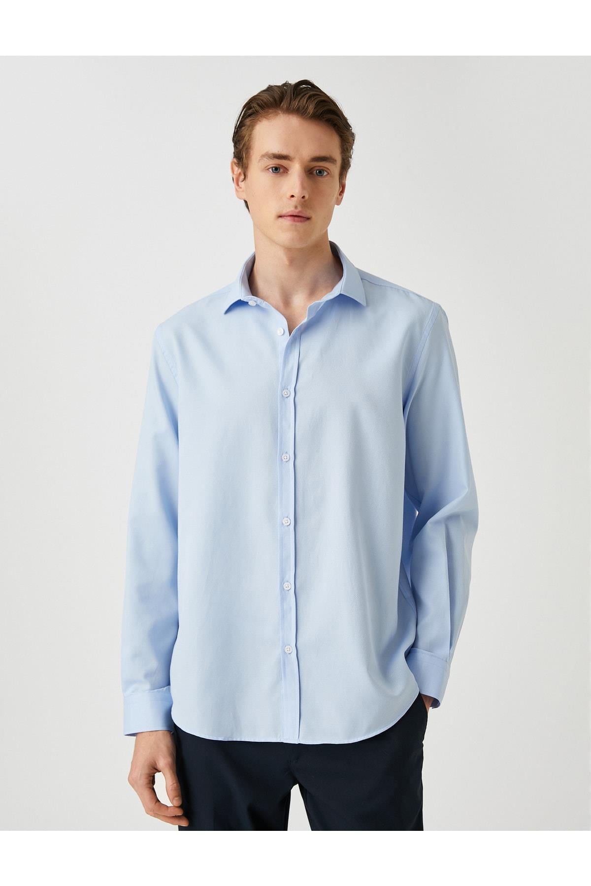 Basic Mavi Gömlek Klasik Manşet Yaka Uzun Kollu Dar Kesim