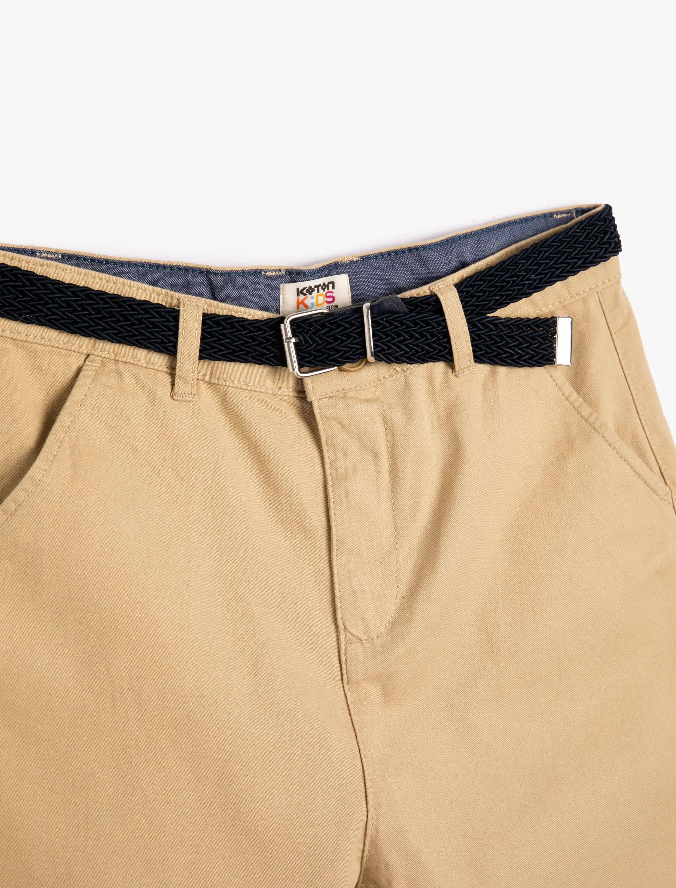 Erkek Çocuk Bermuda Chino Şort Slim Kemer Detaylı Cepli Pamuklu