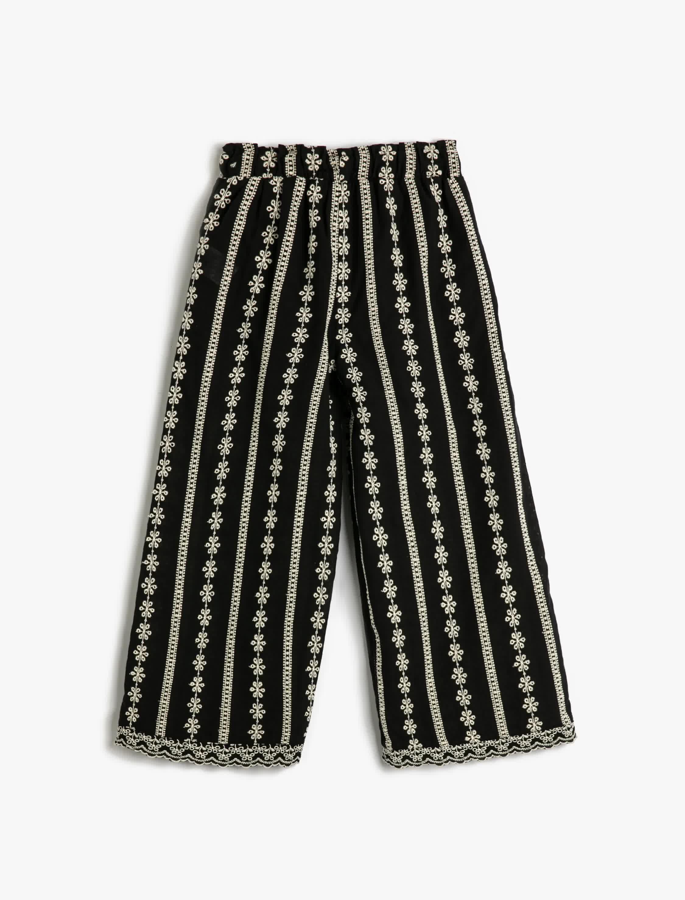 Kız Çocuk Bol Paça Pantolon Çiçek İşlemeli Beli Lastikli