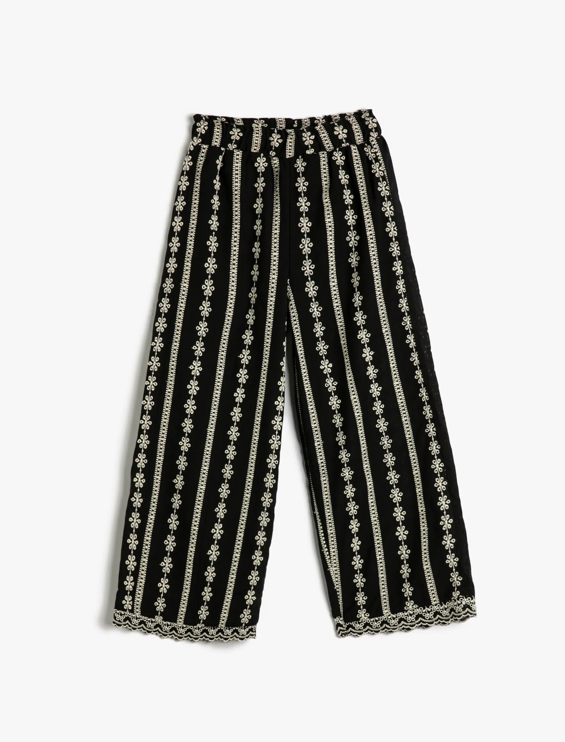 Kız Çocuk Bol Paça Pantolon Çiçek İşlemeli Beli Lastikli