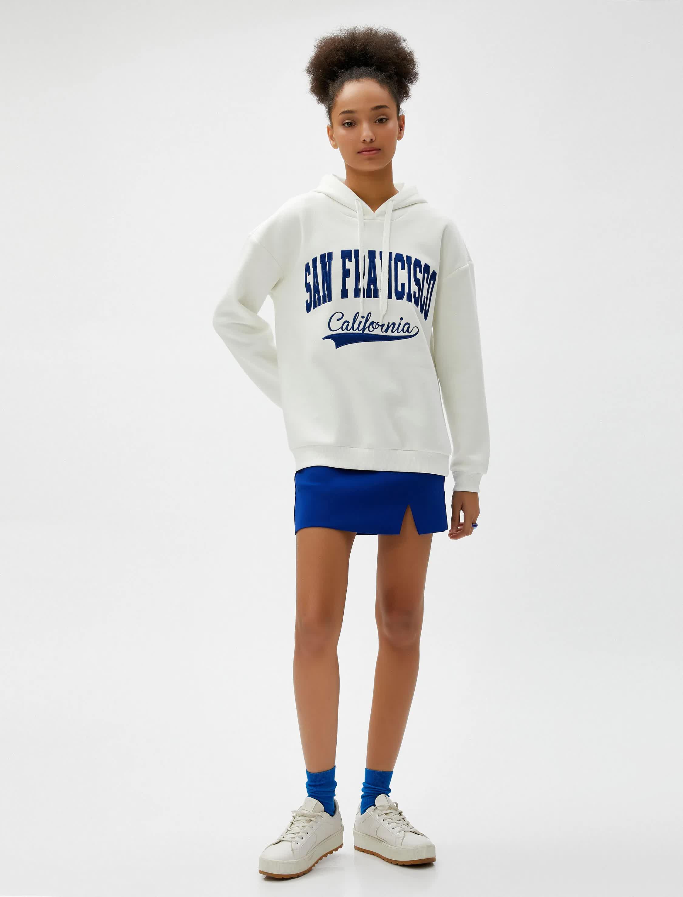 Oversize Kapüşonlu Sweatshirt Nakışlı Uzun Kollu Ribanalı