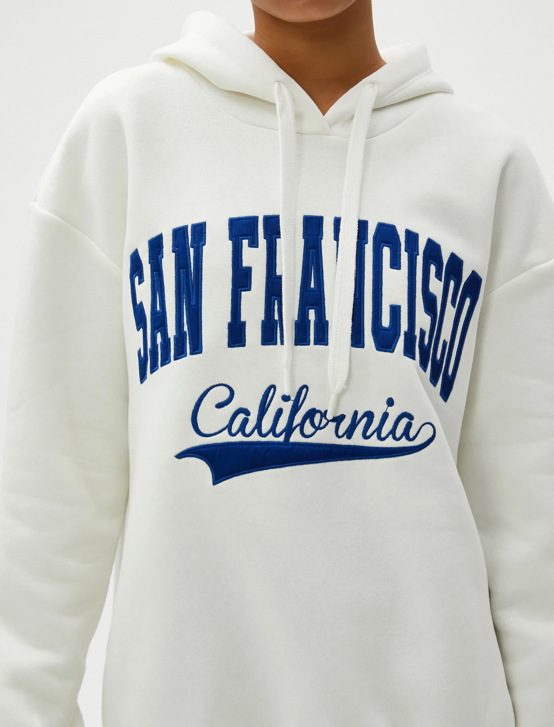 Oversize Kapüşonlu Sweatshirt Nakışlı Uzun Kollu Ribanalı