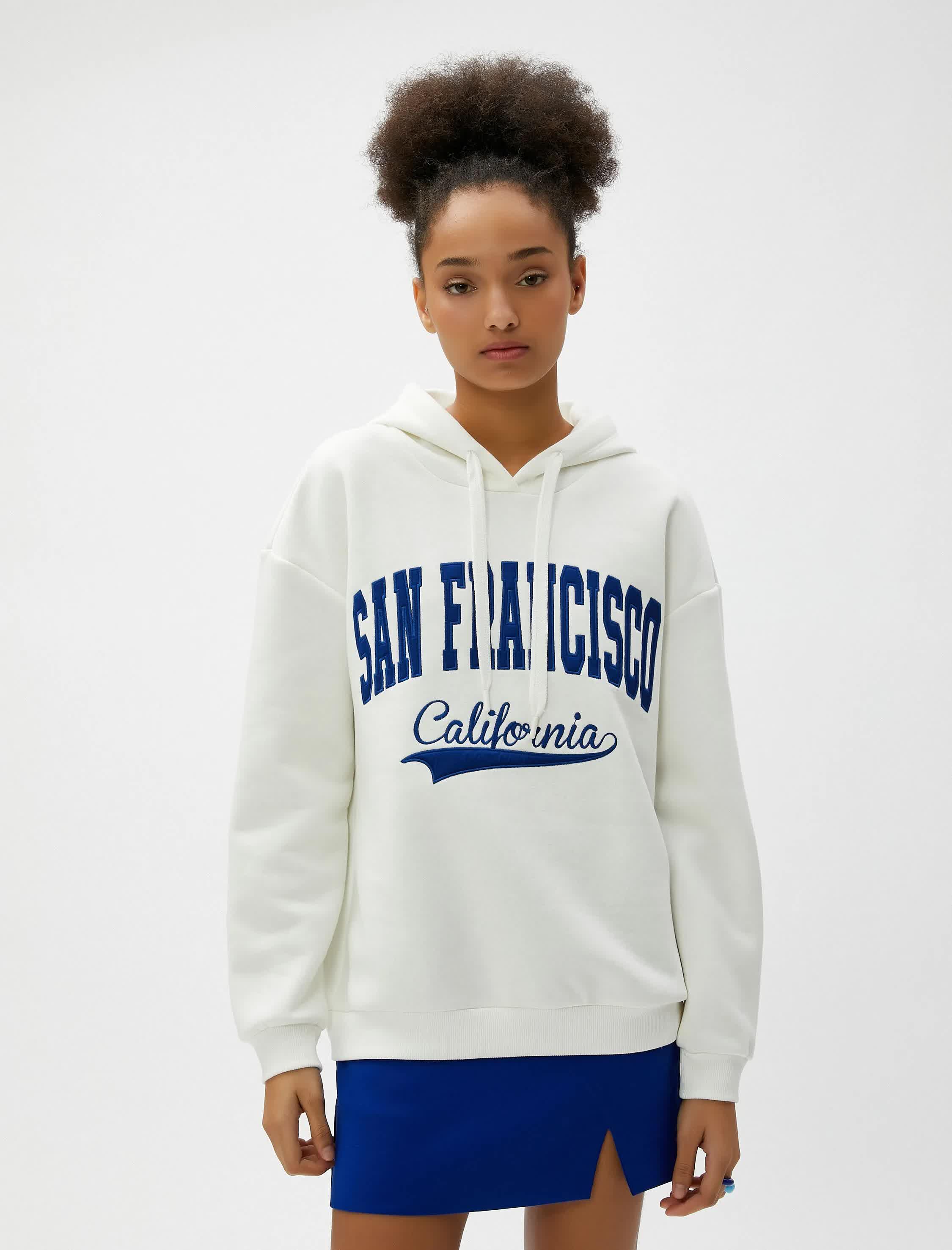 Oversize Kapüşonlu Sweatshirt Nakışlı Uzun Kollu Ribanalı