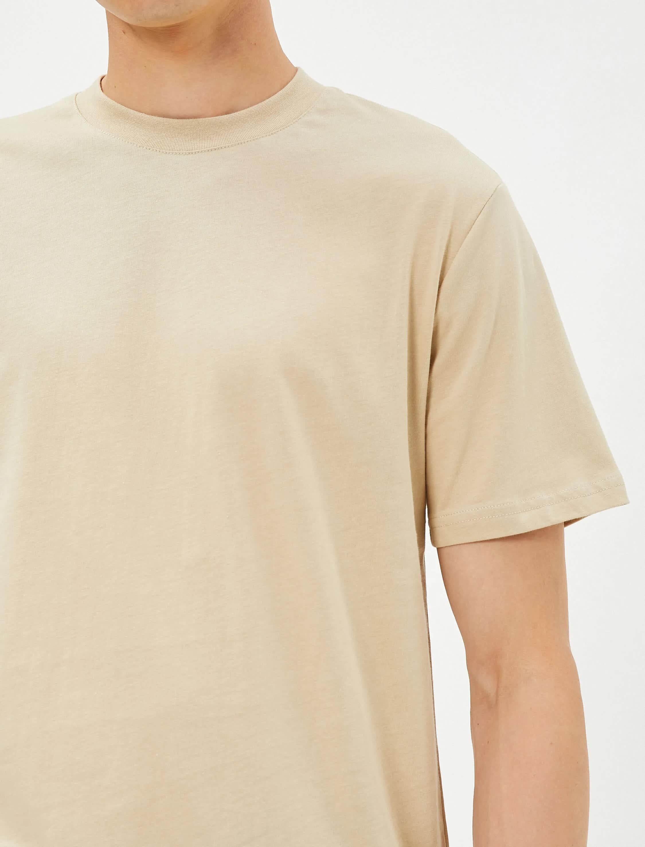 Erkek Bej Basic Tişört Slim Fit Bisiklet Yaka Pamuklu