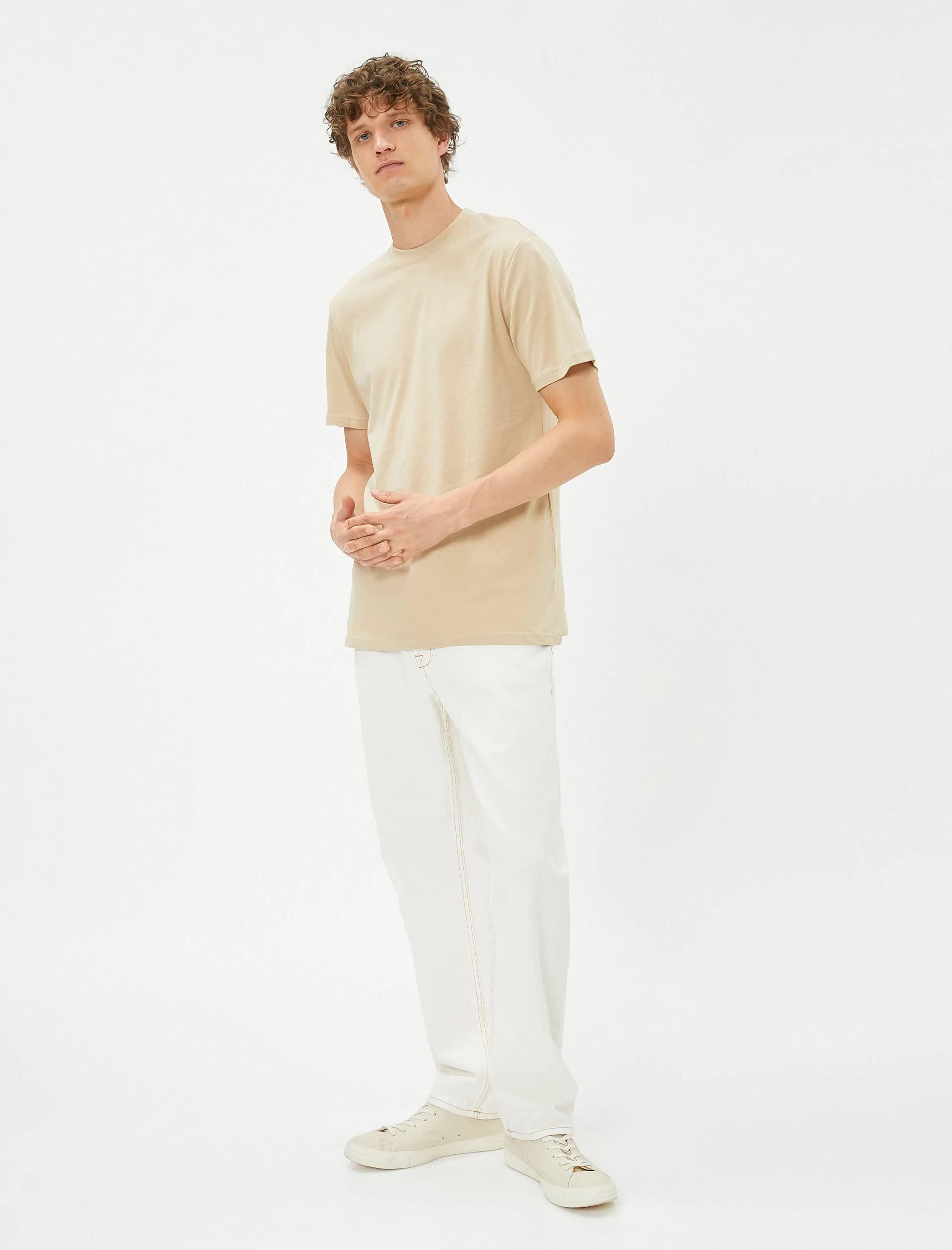 Erkek Bej Basic Tişört Slim Fit Bisiklet Yaka Pamuklu