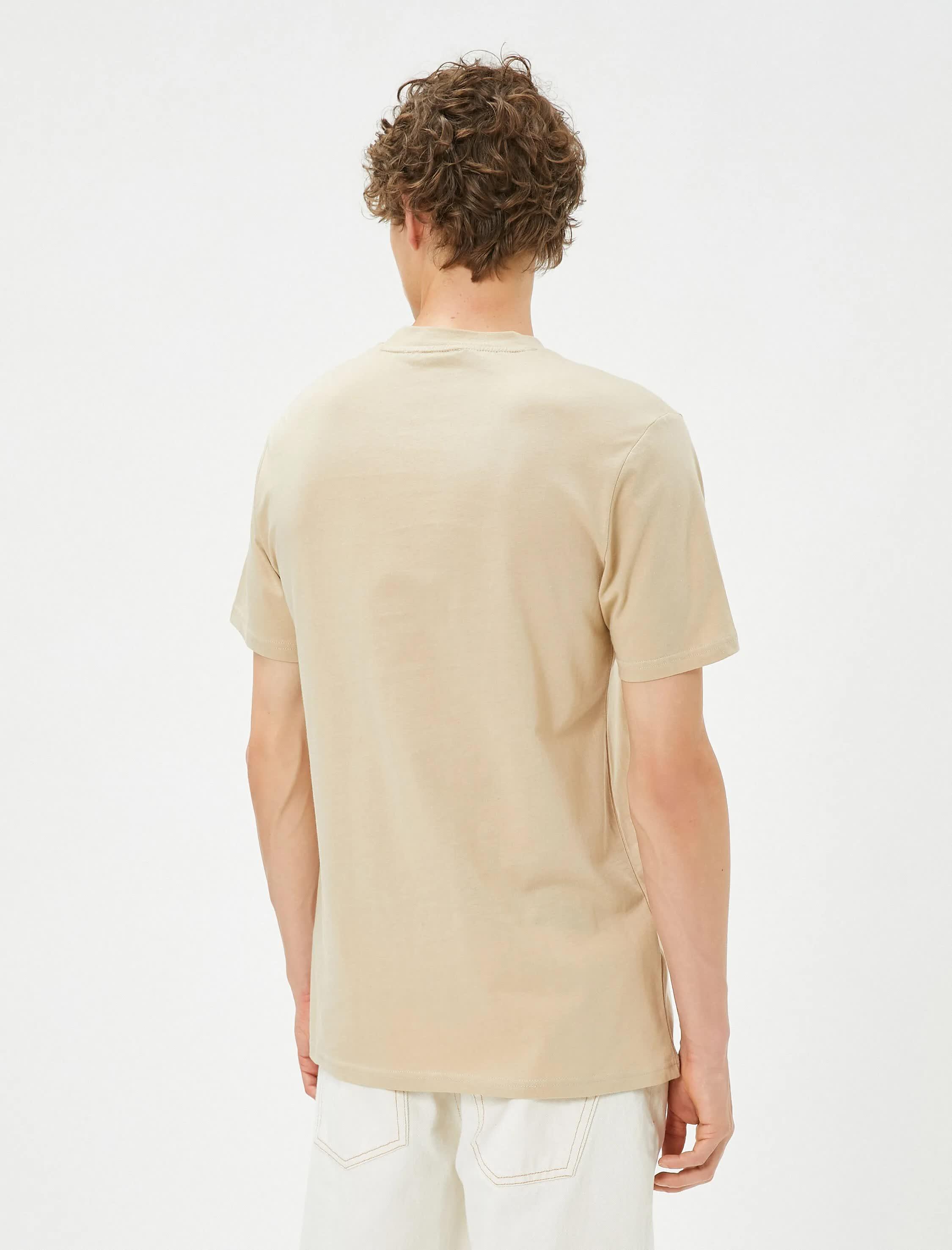 Erkek Bej Basic Tişört Slim Fit Bisiklet Yaka Pamuklu