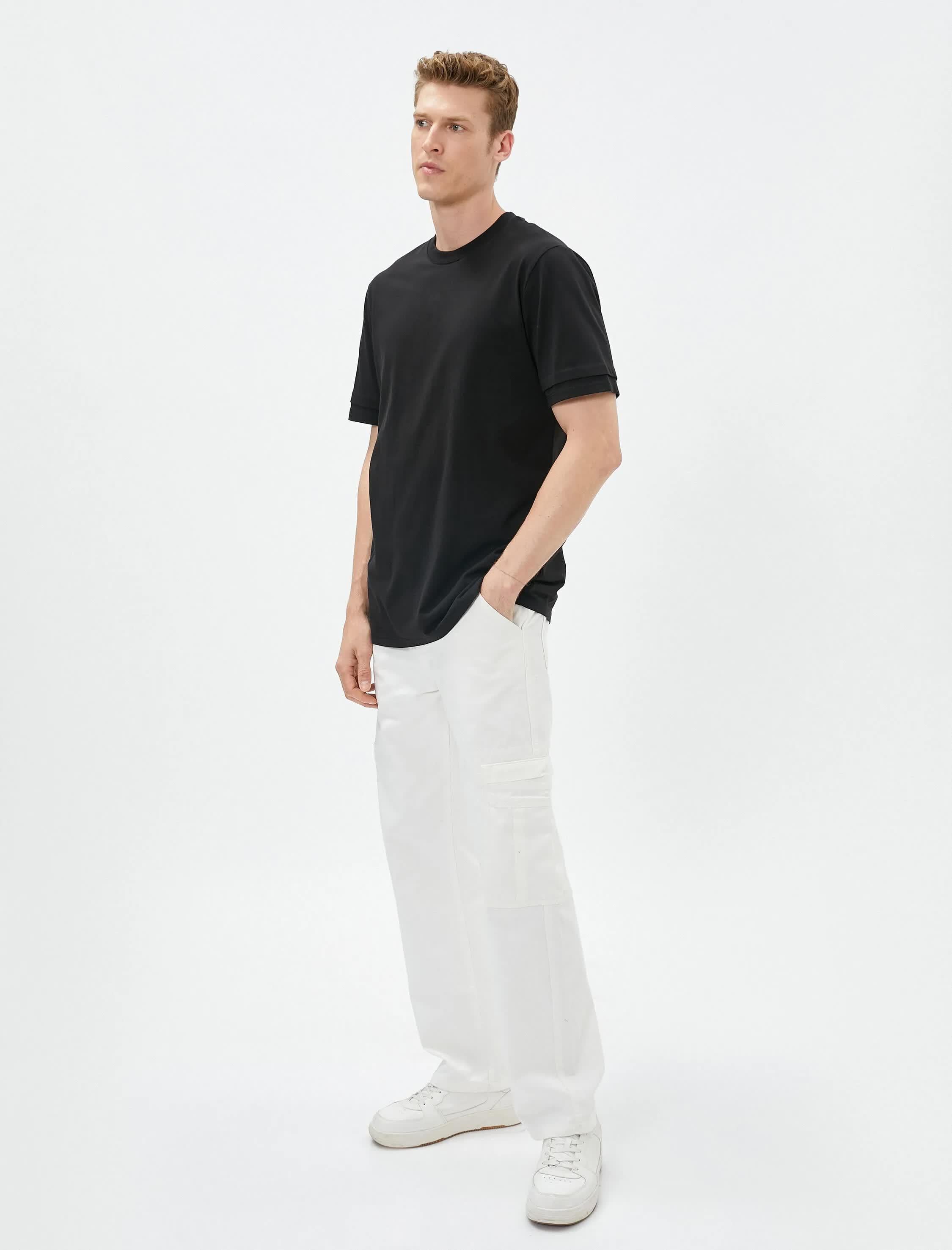 Siyah Erkek Basic Tişört Bisiklet Yaka Çift Kat Kol Detaylı Pamuklu