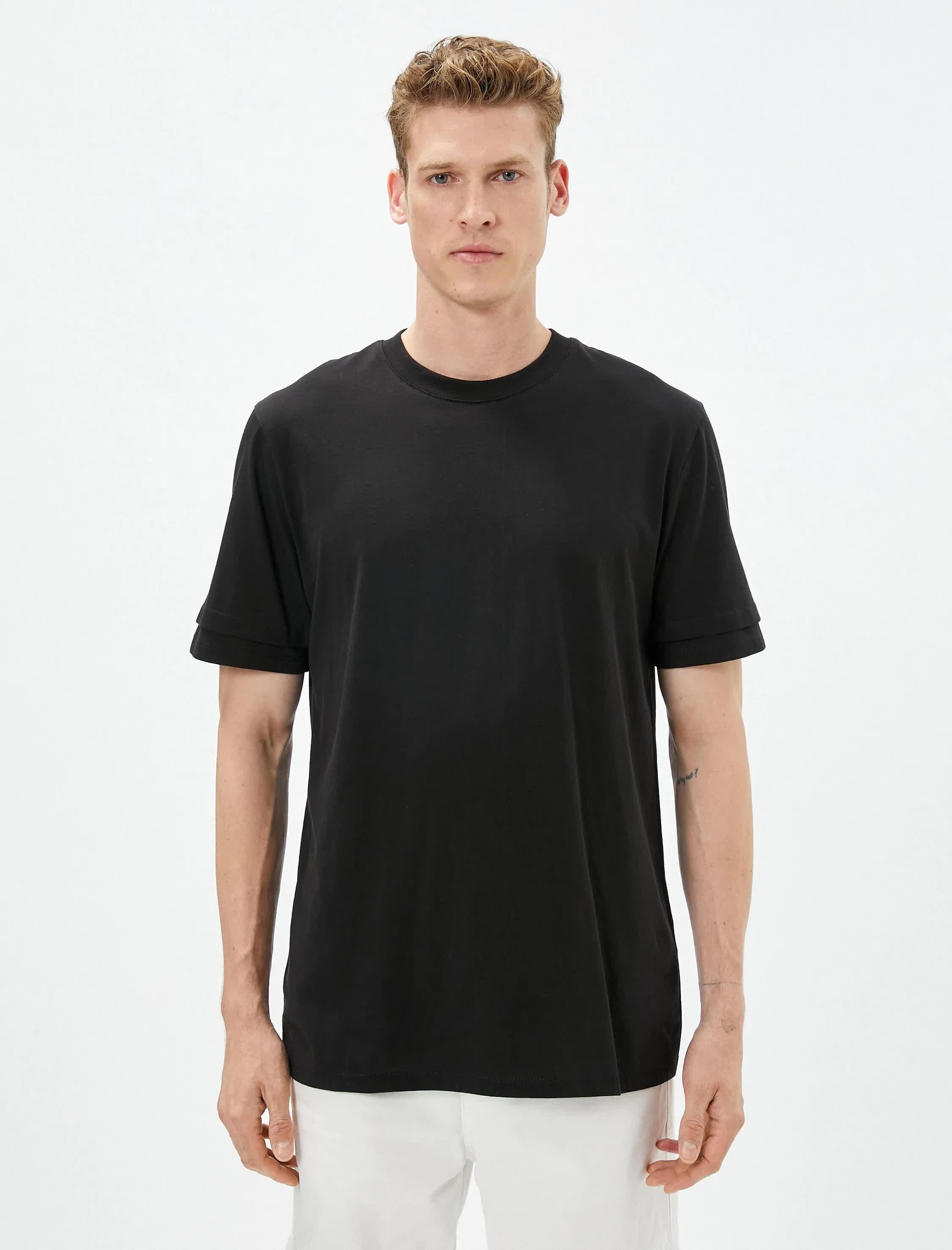 Siyah Erkek Basic Tişört Bisiklet Yaka Çift Kat Kol Detaylı Pamuklu