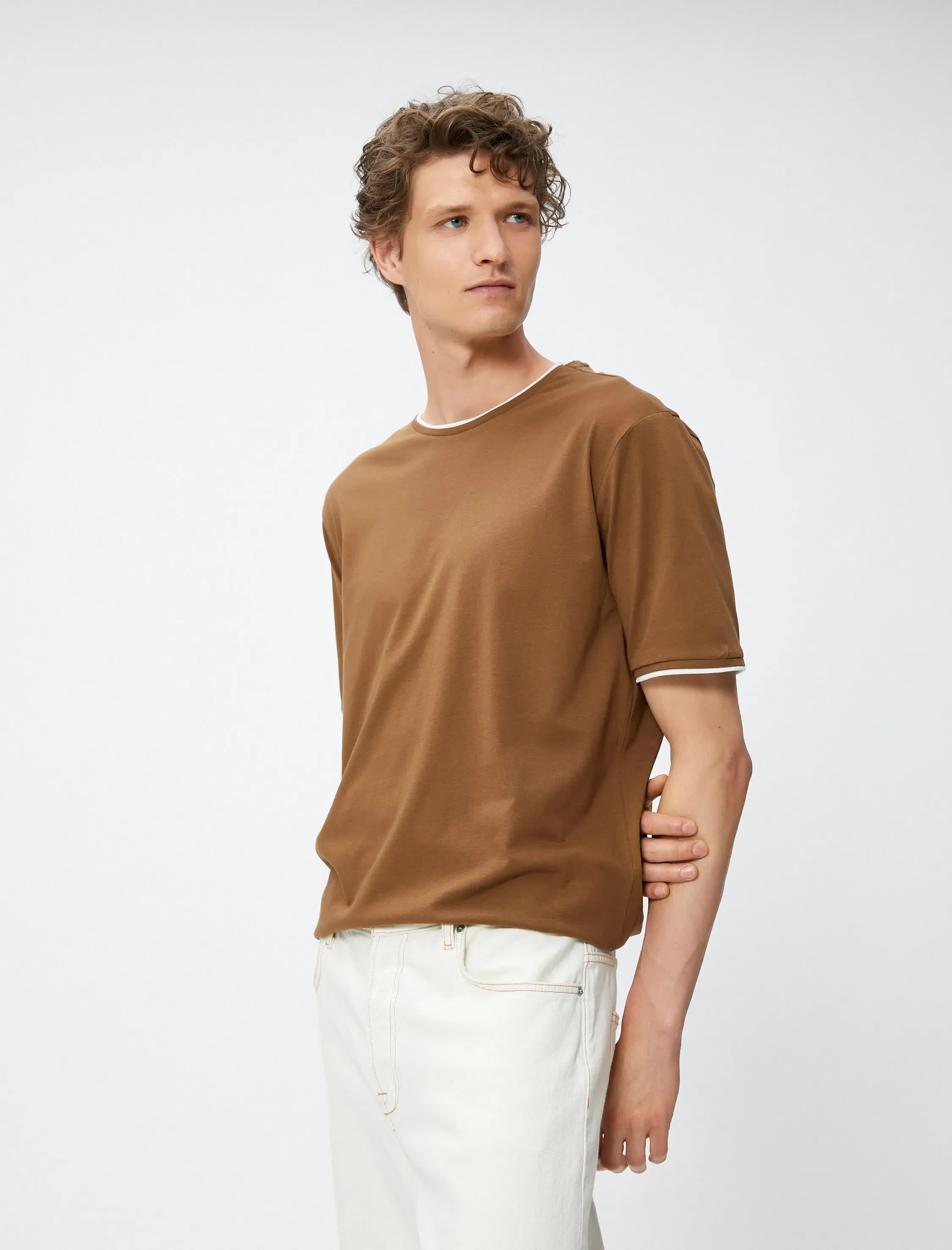 Kahve Erkek Basic Tişört Bisiklet Yaka Kısa Kollu Pamuklu
