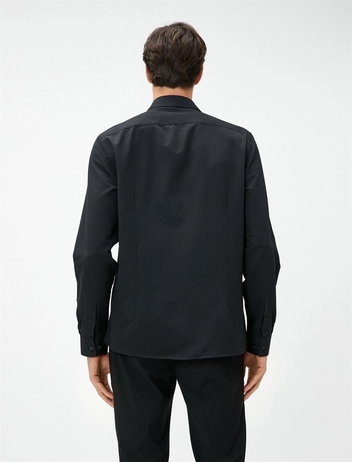 Siyah Erkek Spor Gömlek Slim Fit Klasik Yaka Uzun Kollu Non Iron