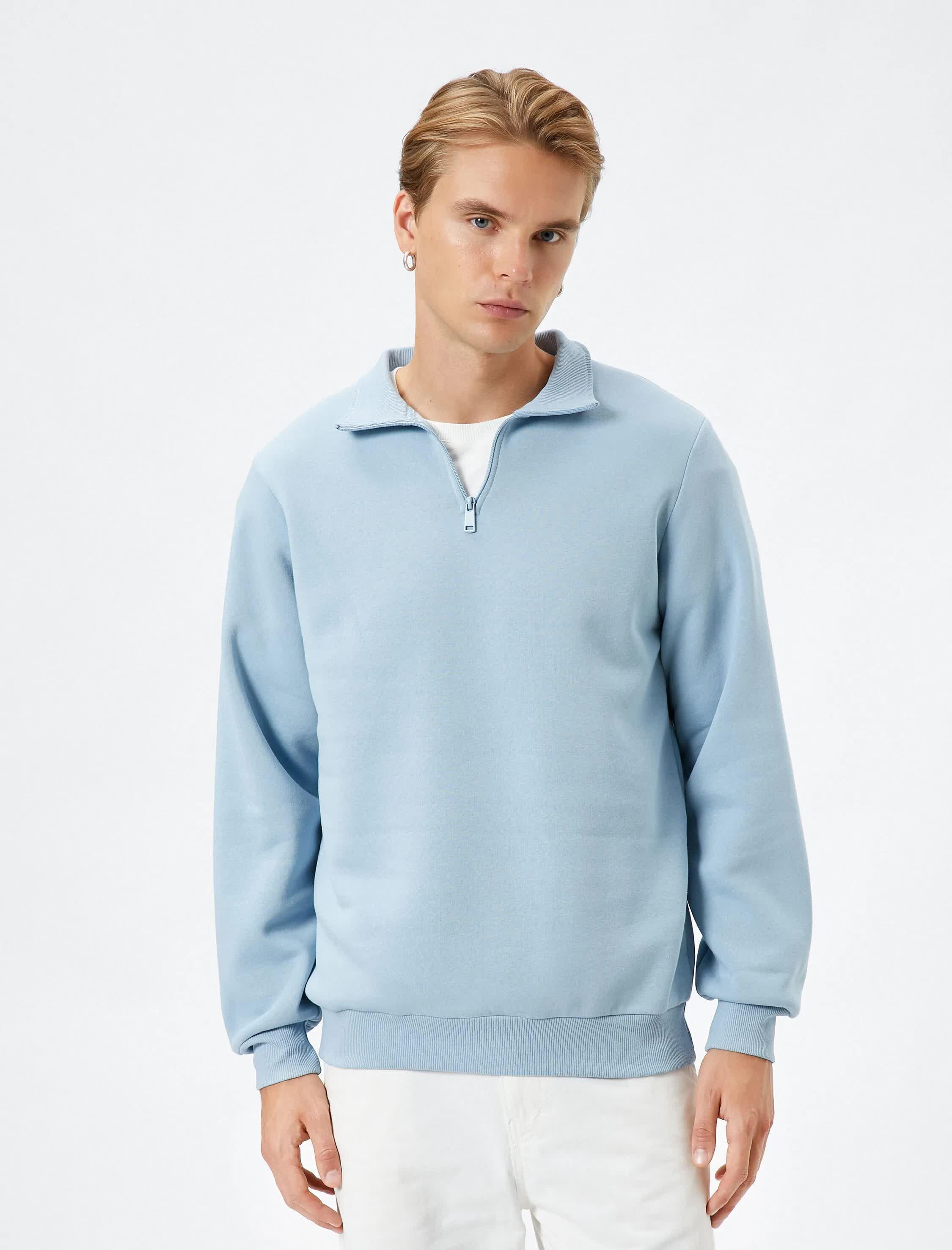 Mavi Erkek Yarım Fermuarlı Sweatshirt Dik Yaka Uzun Kollu