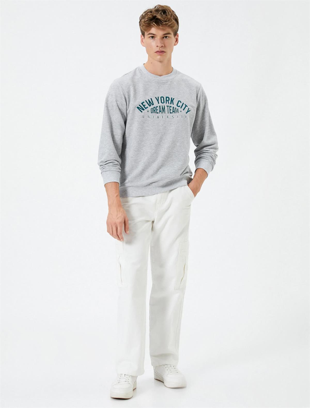Gri Erkek Kolej Sweatshirt Slogan Baskılı Bisiklet Yaka Uzun Kollu