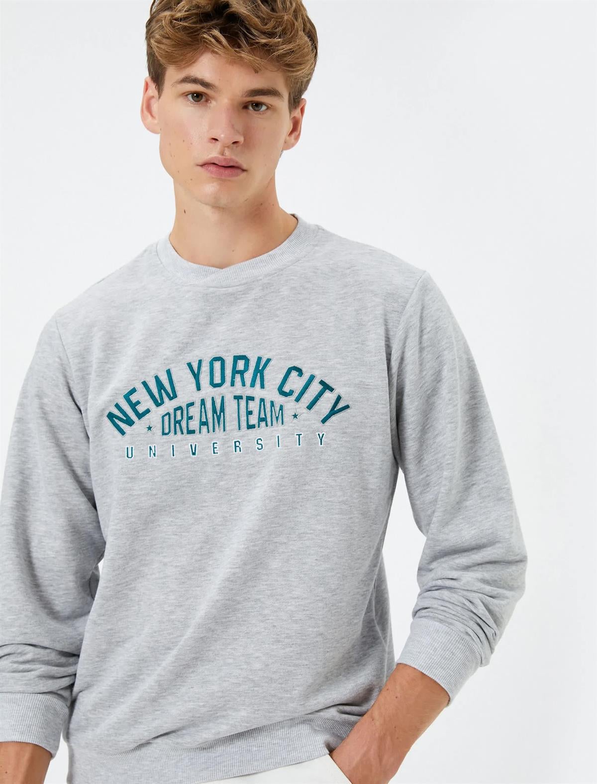 Gri Erkek Kolej Sweatshirt Slogan Baskılı Bisiklet Yaka Uzun Kollu