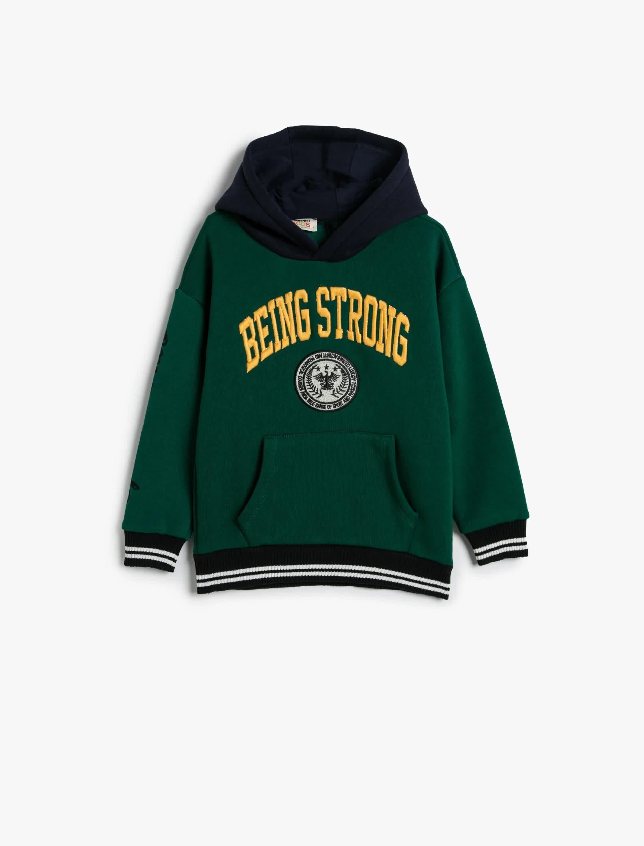Erkek Çocuk Kolej Kapşonlu Sweatshirt Kanguru Cepli Kaşkorse Detaylı İşlemeli